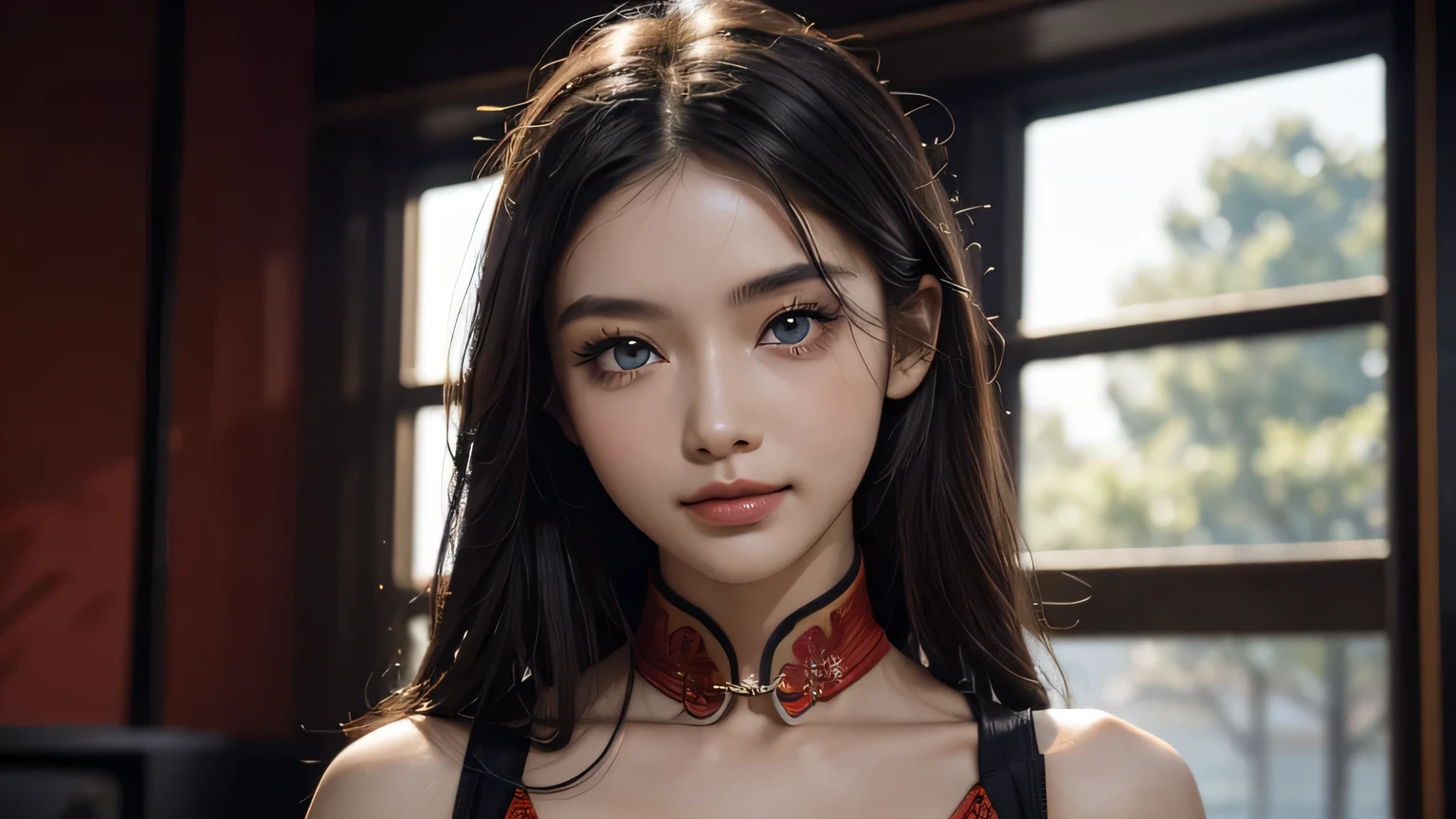 4K, A high resolution, Best quality at best, masterpiece, perfect colors, perfect shadow, perfect litthing, ((sportrait)), 1woman, fit-muscled body, bright yellow eyes，dark blue hair , blue eyes, With round lenses, The audience watched carefully, (s face: 1.2), Perfect female figure, ((standing)), ( beautiful red chinese qipao dress-clad woman stands in the half-light, her cleavage accentuated by the sharp focus of the camera. The modern red chinese qipao dress, adorned with intricate patterns), ((smile shy and looking at viewert)), (Perfect thick white eyebrows) Delicate fur, 详细s face, s the perfect face, chinese cyber punk city, cyber punk lighting atmosphere, ((Bonifasko lighting)), (The round lenses on his eyes)(詳細な目), Perfect student, face close up, small breast. face close up