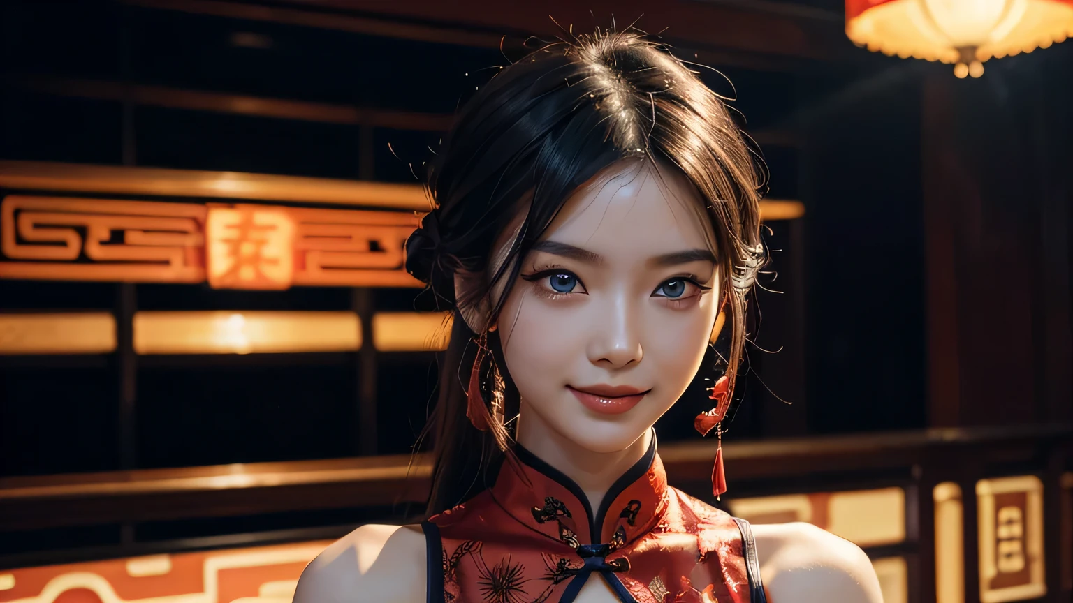 4K, A high resolution, Best quality at best, masterpiece, perfect colors, perfect shadow, perfect litthing, ((sportrait)), 1woman, fit-muscled body, bright yellow eyes,dark blue hair , blue eyes, With round lenses, The audience watched carefully, (s face: 1.2), Perfect female figure, ((standing)), ( beautiful red chinese qipao dress-clad woman stands in the half-light, her cleavage accentuated by the sharp focus of the camera. The modern red chinese qipao dress, adorned with intricate patterns), ((smile shy and looking at viewert)), (Perfect thick white eyebrows) Delicate fur, 详细s face, s the perfect face, chinese cyber punk city, cyber punk lighting atmosphere, ((Bonifasko lighting)), (The round lenses on his eyes)(詳細な目), Perfect student, face close up, small breast. face close up