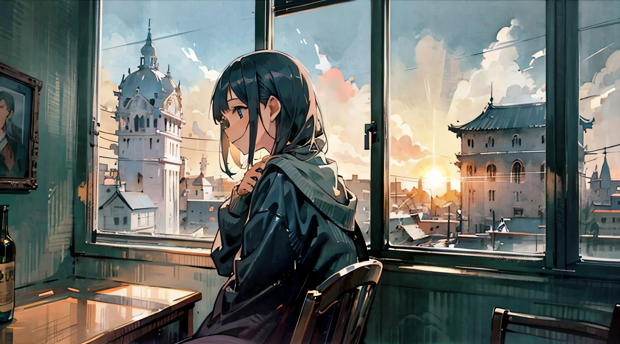 smiling girl, fun atmosphere, Sit by the window, Asahi、 looking outside the window, building、blue sky