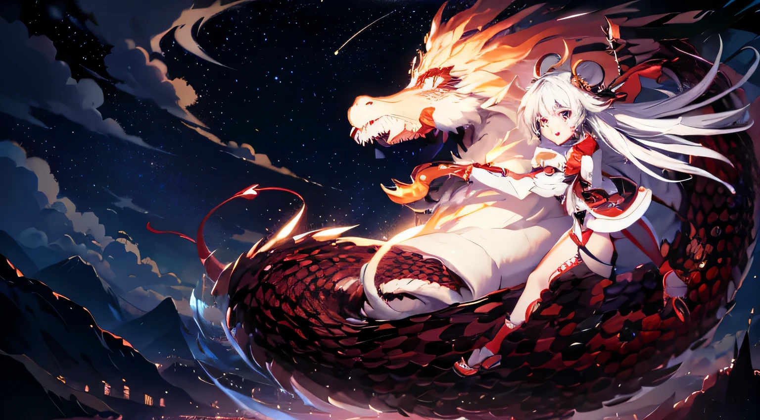 masterpiece,best quality,Super beautiful illustrations,Dragons fly in the sky at night,cloud起伏,The moon is empty,dark night,Star,cloud,moon,