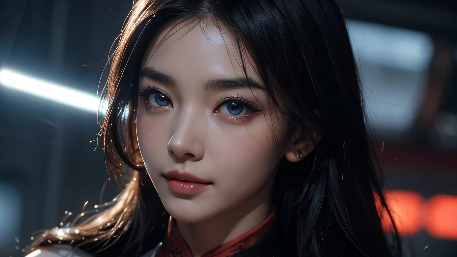 4K, A high resolution, Best quality at best, masterpiece, perfect colors, perfect shadow, perfect litthing, ((sportrait)), 1woman, fit-muscled body, bright yellow eyes,dark blue hair , blue eyes, With round lenses, The audience watched carefully, (s face: 1.2), Perfect female figure, ((standing)), ( beautiful red chinese qipao dress-clad woman stands in the half-light, her cleavage accentuated by the sharp focus of the camera. The modern red chinese qipao dress, adorned with intricate patterns), ((smile shy and looking at viewert)), (Perfect thick white eyebrows) Delicate fur, 详细s face, s the perfect face, chinese cyber punk city, cyber punk lighting atmosphere, ((Bonifasko lighting)), (The round lenses on his eyes)(詳細な目), Perfect student, face close up, small breast. face close up