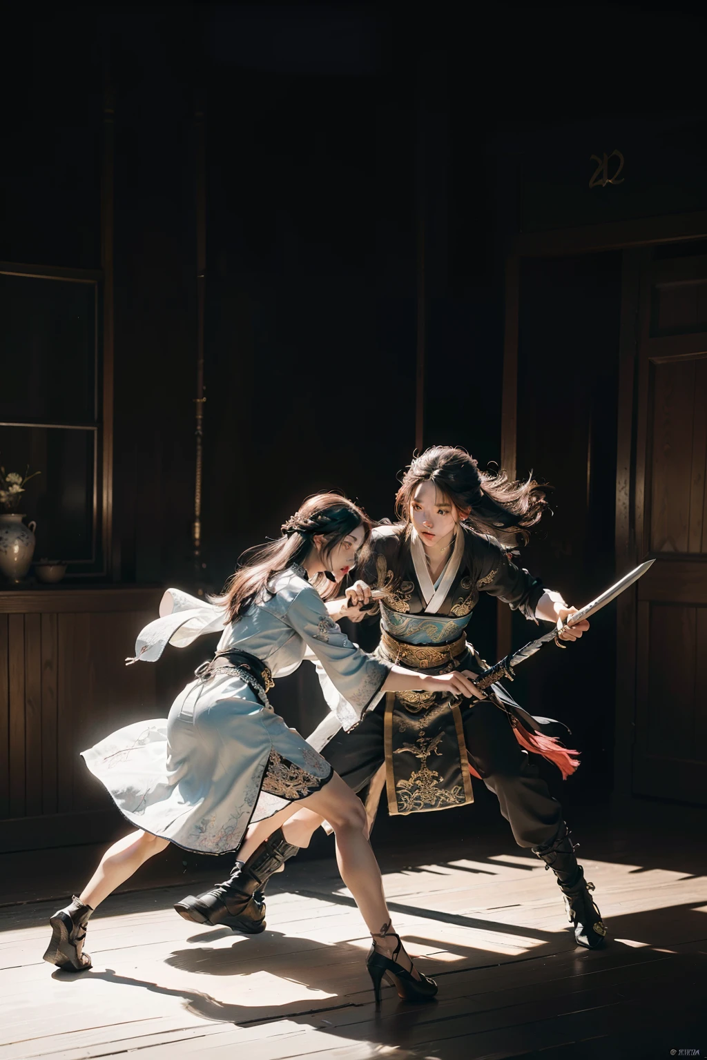 (masterpiece), (ultra-detail), (top quality), (8K Wallpaper), (High Resolution), (Highest Detailed character), (Highest detail face facial), dressed, photography, realistic, cinematic looks, Official arts, dynamic lighting, soft lights, realistic lighting, image of a woman in a black and white dress with a sword, a detailed painting by Yang J, pixiv contest winner, fantasy art, palace a girl in hanfu, beautiful character painting, guweiz, artwork in the style of guweiz, full body wuxia, full body xianxia, epic exquisite character art, detailed face, long hair, ray trace, black robe, grab a sword, full body, long shots photography, fighting pose, battle background war, detailed background