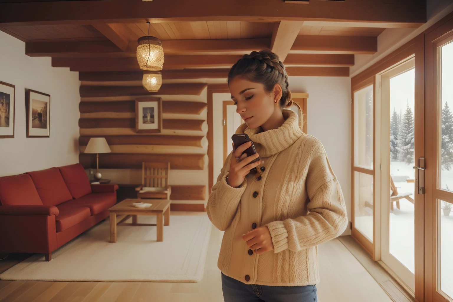 Huelva, Spain, 2002. ((((20-year-old)) Inés)), light eyes, talking on a phone in a winter lodge location. ((((casual winter clothings from the 2000s)))), ((hairstyle of the 2000s))