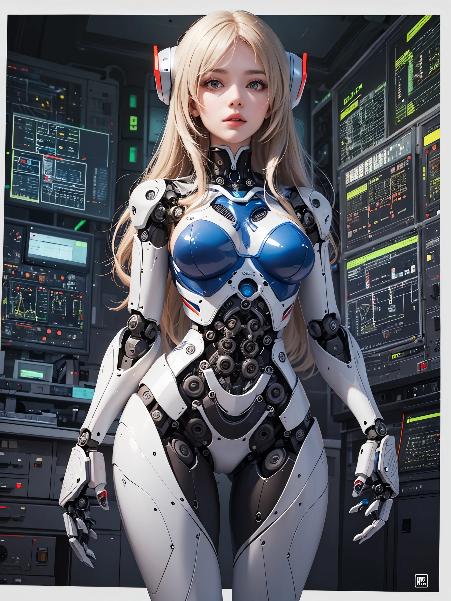 ((highest quality)),(ultra high resolution),(Super detailed),(detailed description),((best CG)),(best work of art),super precision art,great drawing art,(Sci-fi art with precise details:1.5), (1 woman:1.6),(beautiful and well-shaped face:1.5),smile:1.7,((A complex mechanical body with intricate details:1.5)),(Luminous body embedded in the body:1.7), (she is standing in the control room:1.8),(robot arms surrounding her:1.7)