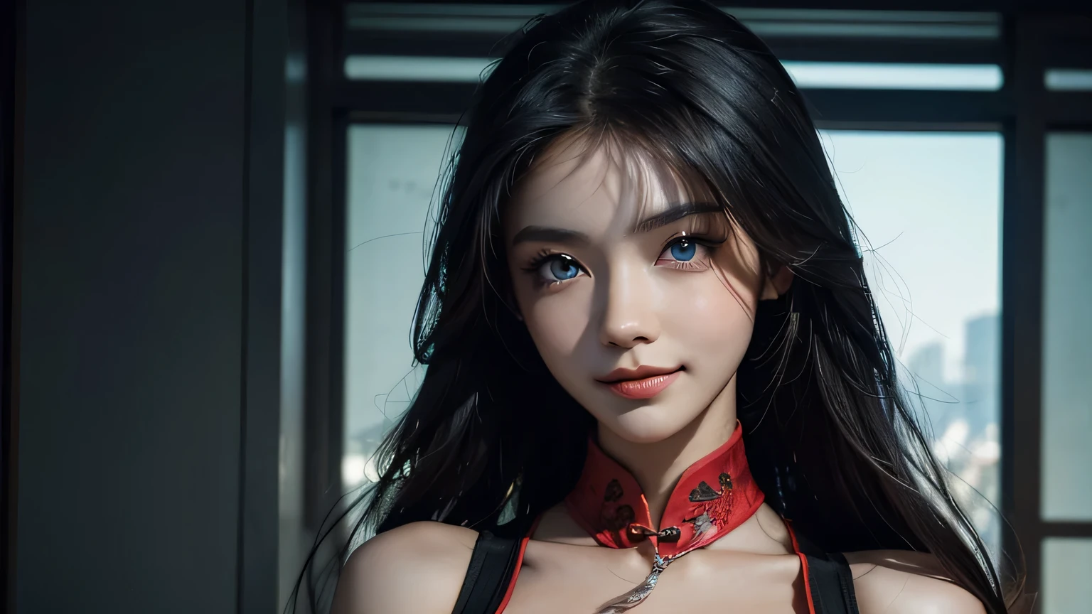 4K, A high resolution, Best quality at best, masterpiece, perfect colors, perfect shadow, perfect litthing, ((sportrait)), 1woman, fit-muscled body, bright yellow eyes,dark blue hair , blue eyes, With round lenses, The audience watched carefully, (s face: 1.2), Perfect female figure, ((standing)), ( beautiful red chinese qipao dress-clad woman stands in the half-light, her cleavage accentuated by the sharp focus of the camera. The modern red chinese qipao dress, adorned with intricate patterns), ((smile shy and looking at viewert)), (Perfect thick white eyebrows) Delicate fur, 详细s face, s the perfect face, chinese cyber punk city, cyber punk lighting atmosphere, ((Bonifasko lighting)), (The round lenses on his eyes)(詳細な目), Perfect student, face close up, small breast. face close up