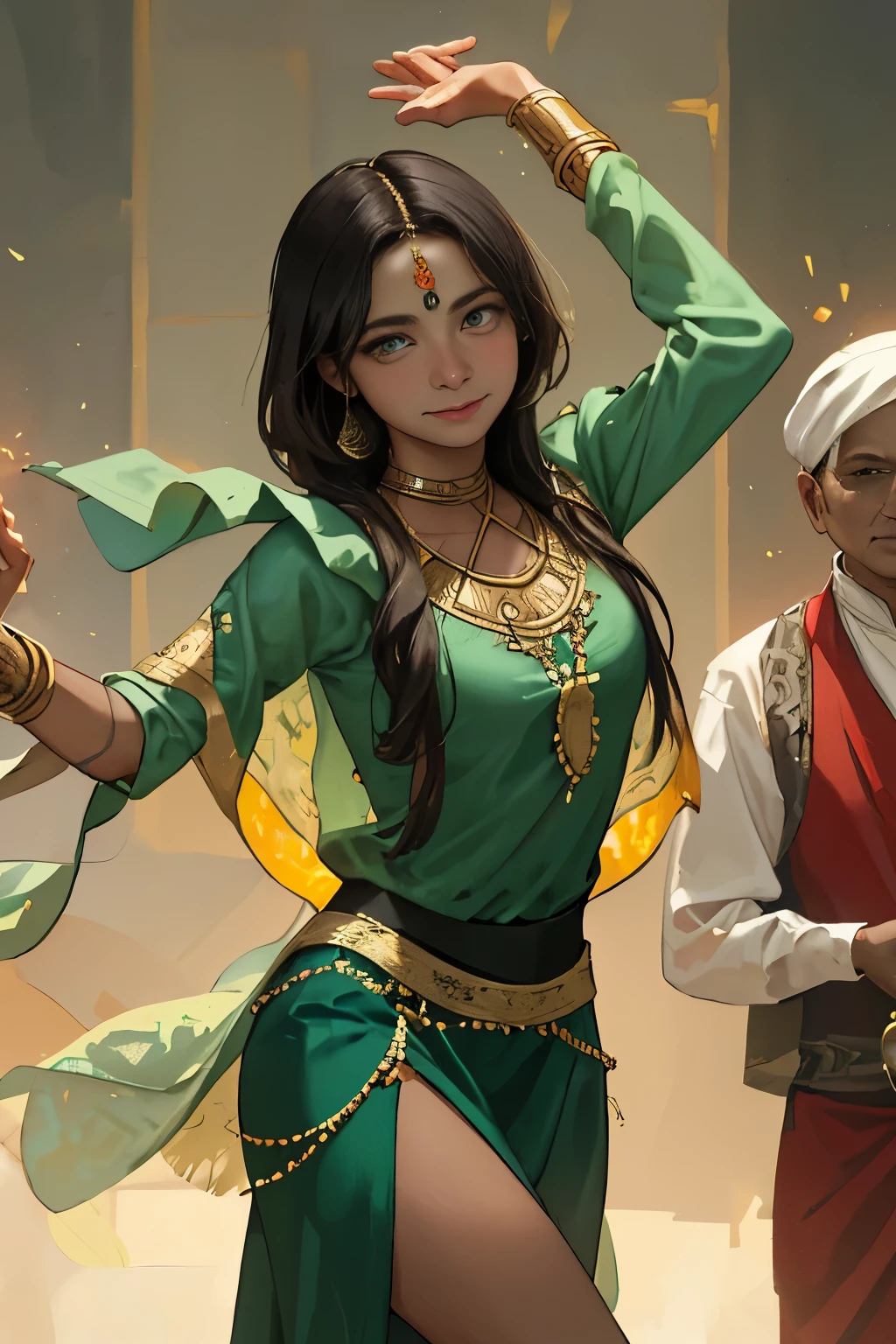 (masterpiece, best quality, realistic), 1girl, background, indian dress, dancing, intricate, dark green dress, gold, indian palace, india, indian person, banquet, crowd, picking up skirt, darker skin, [slight smile],