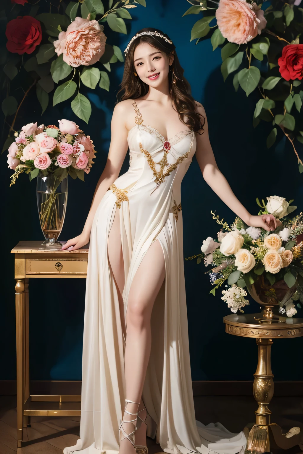 full body portrait or statue、Stained glass、Vigée Leblanc style、math、Astronomical machinery、astronaut、roses in vase、fruits、Cute trinkets、smile、ancient greek costume、Sandro Botticelli paintings、Clothes that stretch your shoulders、A big smile、expression of ecstasy、sexy、beautiful bare skin、A detailed representation of the seducing woman throughout her body.