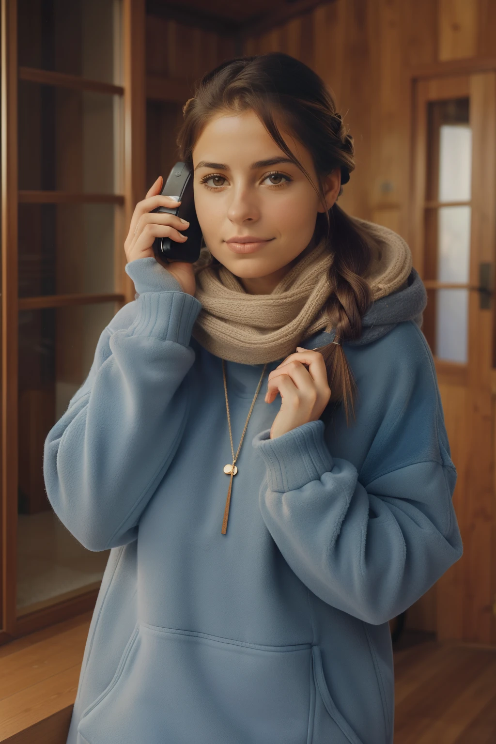 Huelva, Spain, 2002. ((((20-year-old)) Inés)), light eyes, talking on a phone in a winter lodge location. ((((casual winter clothings from the 2000s)))), ((hairstyle of the 2000s))