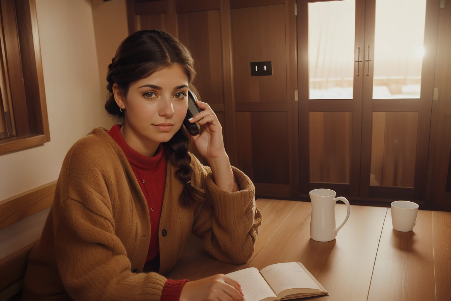 Huelva, Spain, 2002. ((((20-year-old)) Inés)), light eyes, talking on a phone in a winter lodge location. ((((casual winter clothings from the 2000s)))), ((hairstyle of the 2000s))