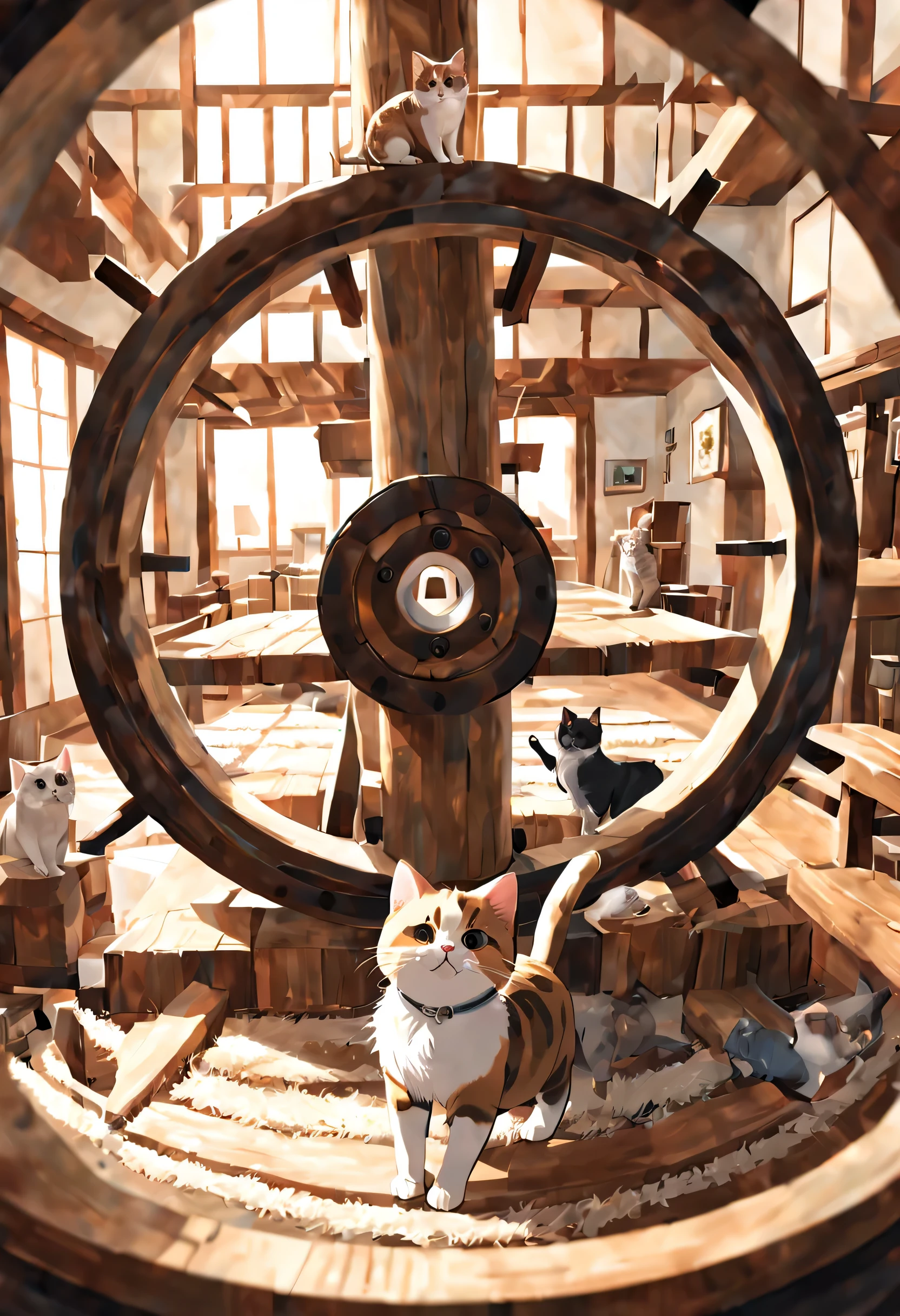 anime, there are two cats playing in a cat wheel in a room, paws on wheel, cats! are around, cat tower, taken on iphone 14 pro, taken with sony alpha 9, scratching post, けもの, miko, captured with sony a3 camera, eka's portal, dynamic!!, paw pov, cat is floating in air