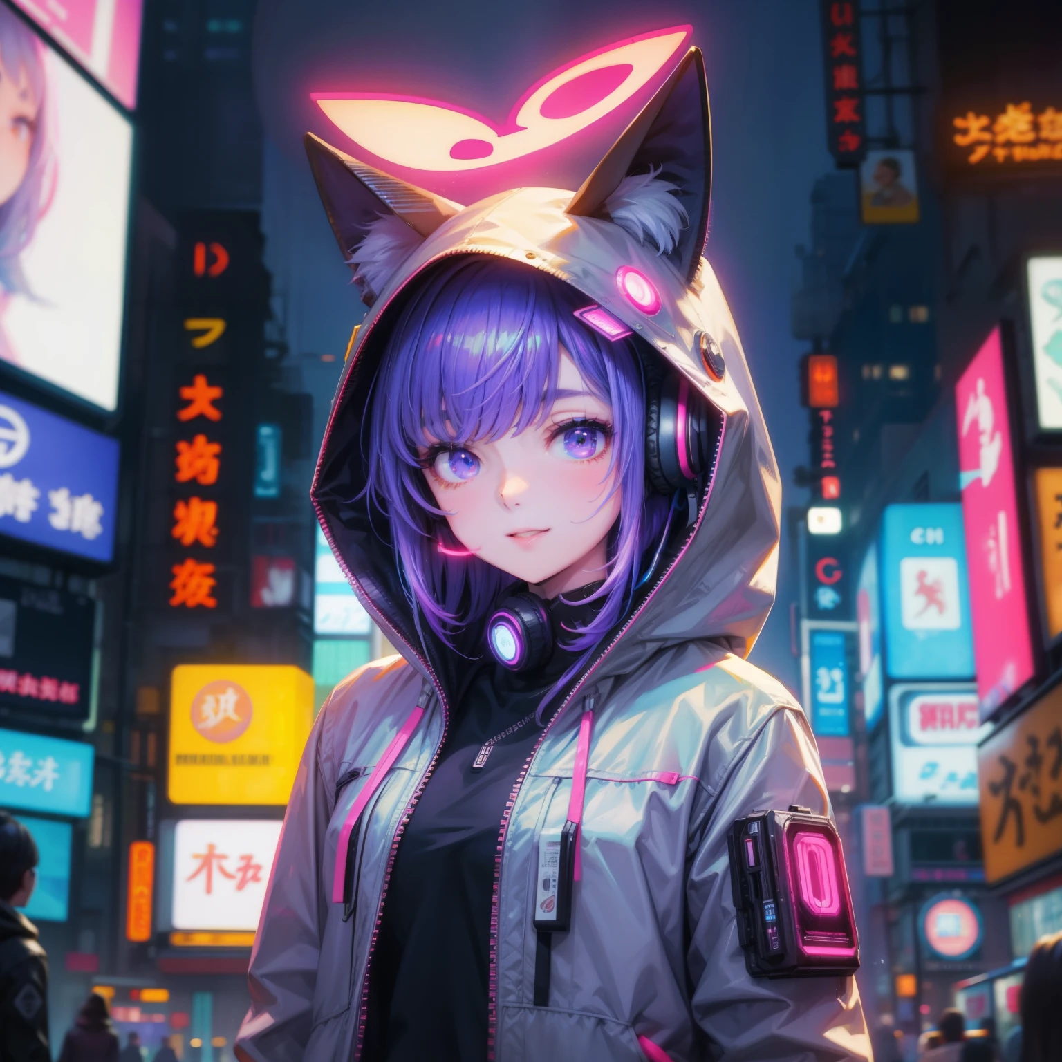 masterpiece、top-quality、hight resolution: 1.4、detaileds、intricate-detail、high-level image quality、realisitic、High-class texture、Skin type、Tokyo at night、a little bit smile、Wearing a hood on the head、Neon colored animal ear hood、Wireless headphones、ue、Purple hair,、Night、Multiple neon lights on face、a dark night、Digital Cyberpunk、neons、 Cyberpunk Girl,、advanced digital cyberpunk art