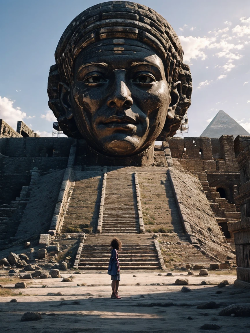 highest quality、masterpiece、ultra high resolution、(realistic:1.4)、Beautiful woman、Take a full body photo、beautiful eyes and skin details、smile、curly hair、ancient ruins、glowing pyramid、Shining moai、Clothing unlike any civilization、megalithic culture、have squid and corn