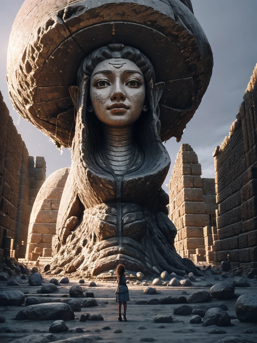 highest quality、masterpiece、ultra high resolution、(realistic:1.4)、Beautiful woman、Take a full body photo、beautiful eyes and skin details、smile、curly hair、ancient ruins、glowing pyramid、Shining moai、Clothing unlike any civilization、megalithic culture、have squid and corn