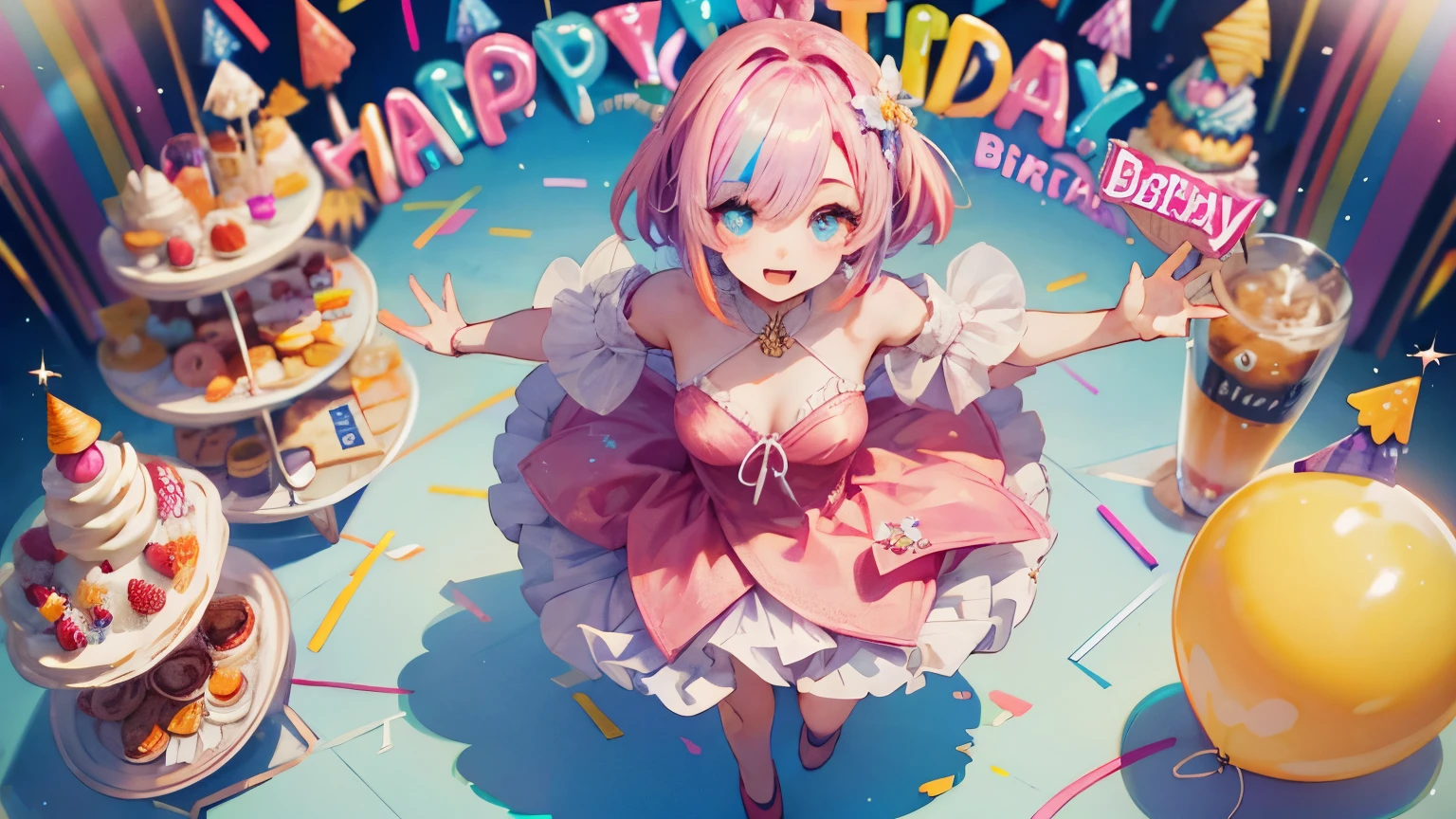 1人、full body Esbian、rainbow hair, hair between eye, tiarra、diamond-shaped pupils, makeup, smiley, anime styled, Iridescent dresses、F/1.8, From above, god statue、masutepiece, Best Quality、birthday celebration、Birthday Cake