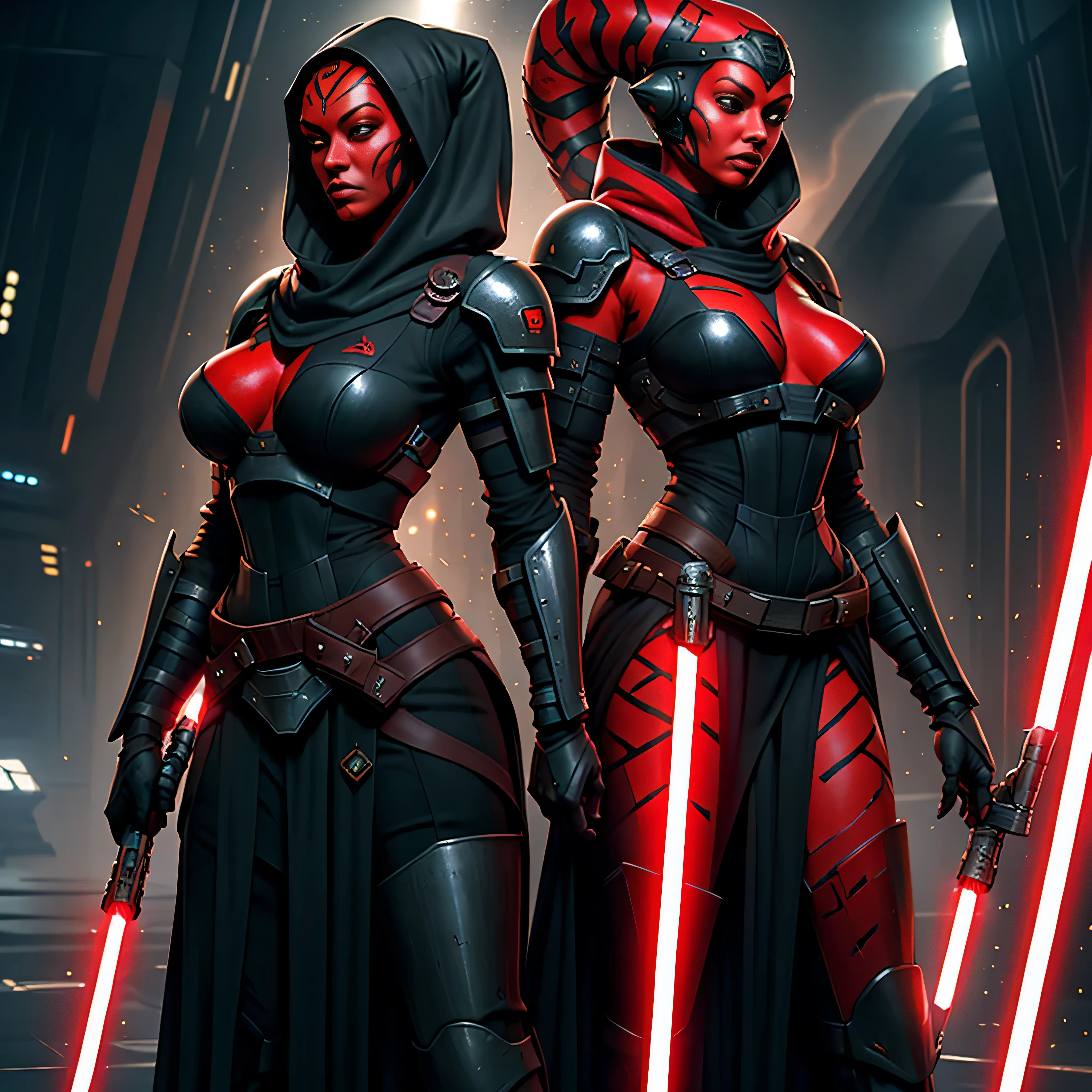 ((armor)), busty, ((red skin), twi'lek), dual red lightsabers, evil space knight, space ninja, (wearing heavy black armor, robes, black stealth armor, breastplate, tunic, tabard, cowl, cloak, body glove, straps, buckles, skirts, long sleeves, fantasy, ((armor))), ((busty), slender body, thin, slim sexy body, slim waist, ((gigantic breasts))), Imperial starship, Star Wars,