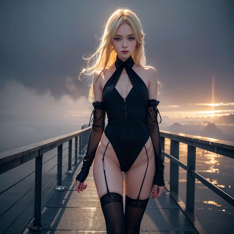 long-legged blonde in stockings stands on a bridge in the fog, in a half-turn half-sideways, Beautiful face, Blue eyes