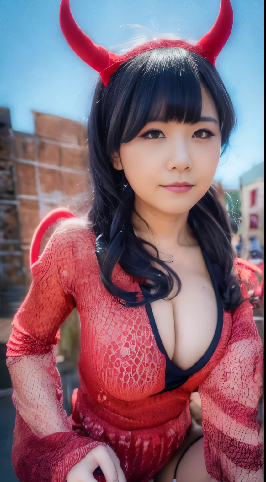 1girl in ,((Devil Costume)),tits out, wide open cleavage,(( Character Play)),((chies)) ,  (Black hair shortcuts),((looking to camera)), High resolution,Highly detailed, looking to camera,appearance々Posing、black lipstick、Black wings、(raise one leg)