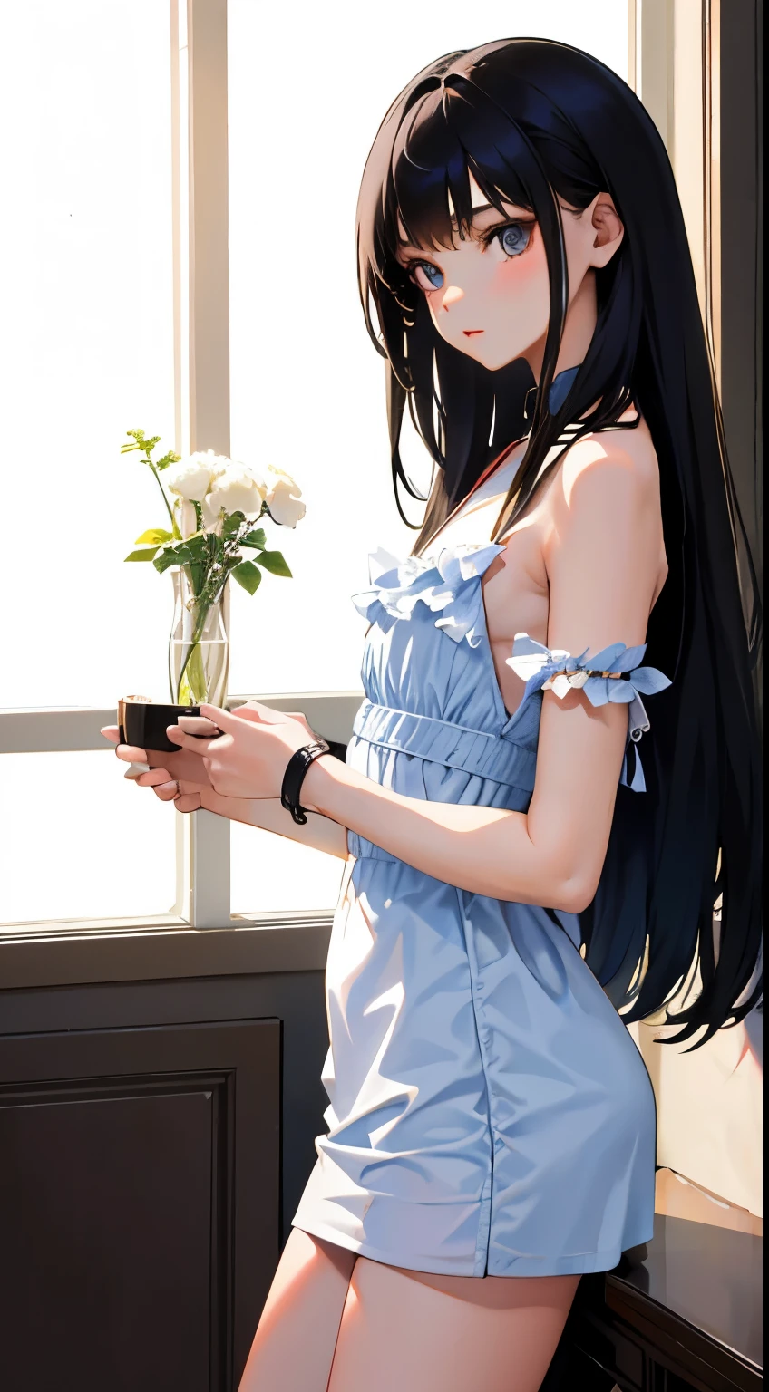 (short cute girl,small young student,young delicate girl),(masterpiece,Top quality),Girl with long black hair,Pinnafor
