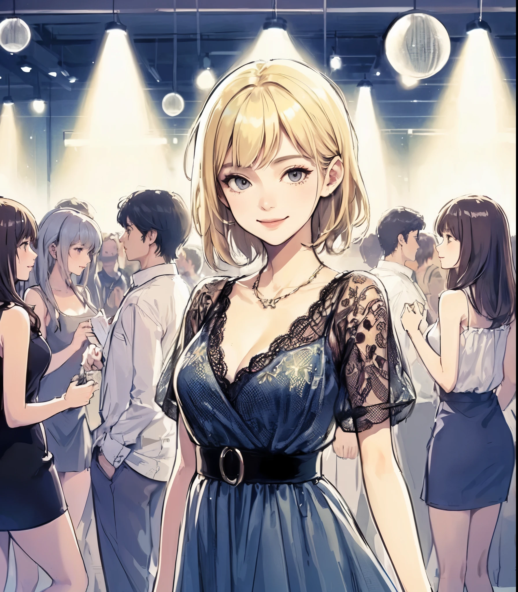 1lady standing, (stylish and chic outfit) comfortable, mature female, /(blond hair/) bangs, kind smile, (masterpiece best quality:1.2) delicate illustration ultra-detailed, large breasts BREAK (club dance hall:1.2) indoors, young people, crowded