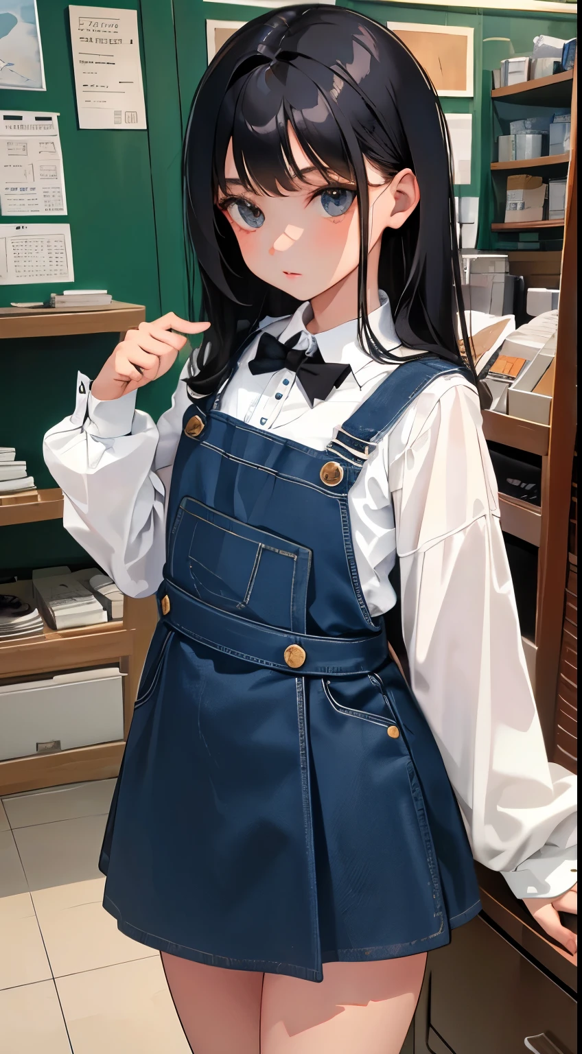 (short cute girl，small young student，young delicate girl）,（masterpiece，Top quality)，long black hair，Denim pinafore