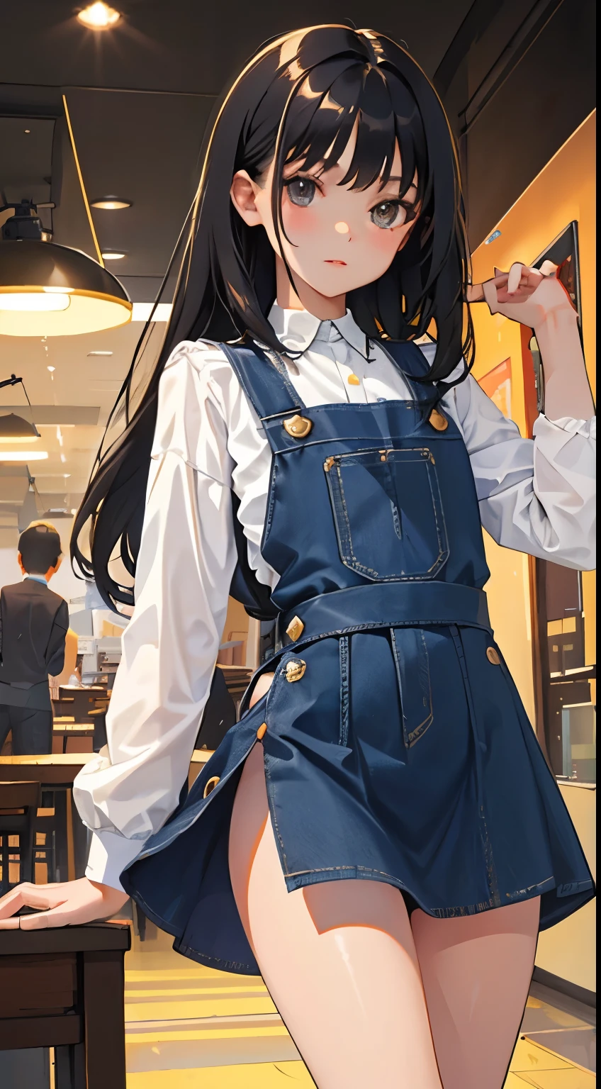 (short cute girl，small young student，young delicate girl）,（masterpiece，Top quality)，long black hair，Denim pinafore