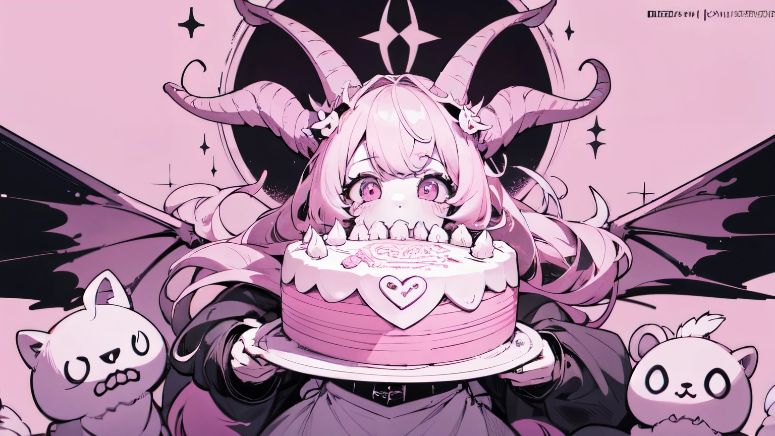 official art, unity 8k wallpaper, ultra detailed, beautiful and aesthetic, High quality, beautiful, masterpiece, best quality, (zentangle, mandala, tangle, entangle:0.6), flat color, limited palette, low contrast, a cute girl serving cake to demons, pink, bright pastel colors, kawaii, (horror), eerie, rabbit skull, goat skull, in hell, creepy, demons, claws, best lighting