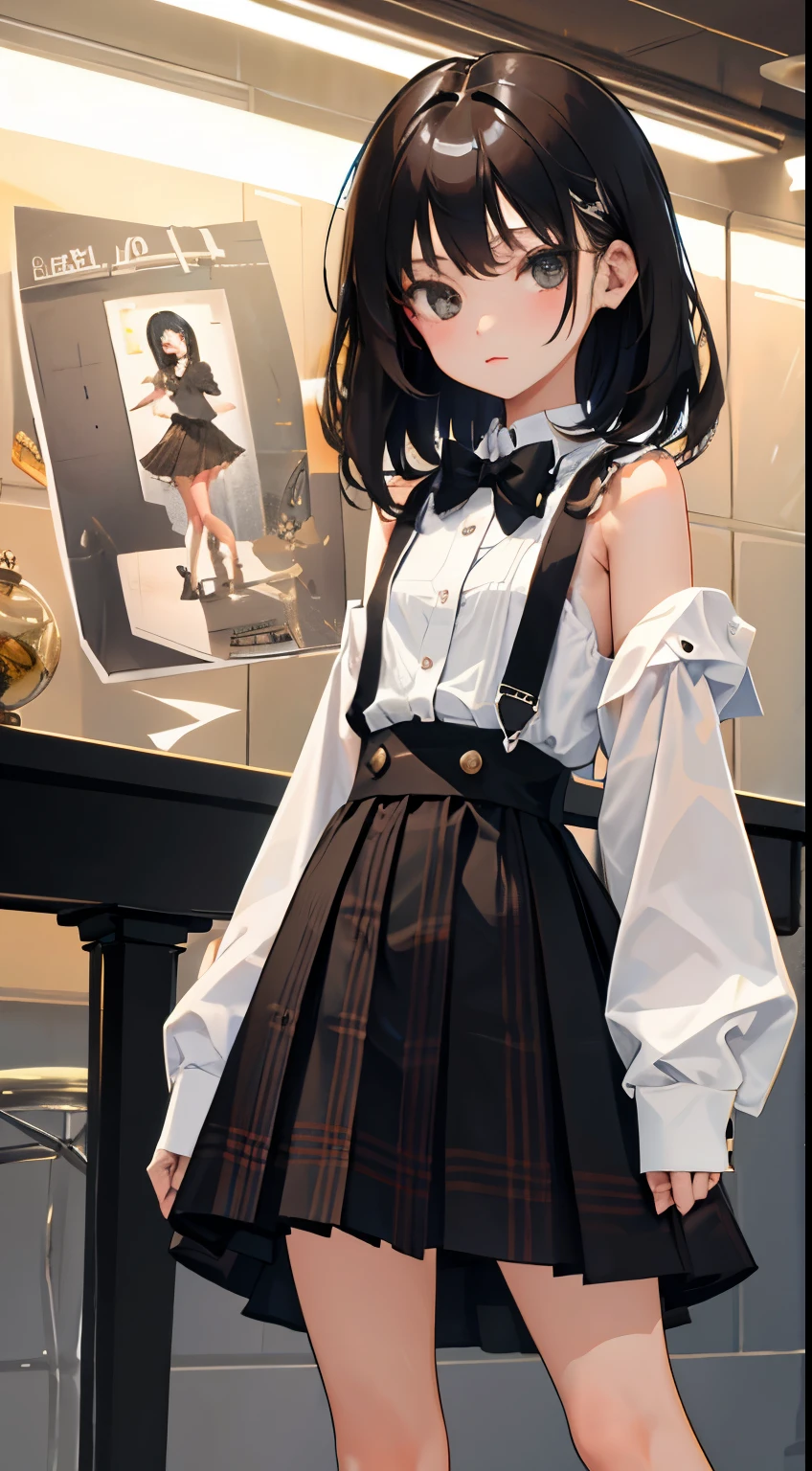 (short cute girl，small young student，young delicate girl）,（masterpiece，Top quality)，long black hair，Plaid brown skirt