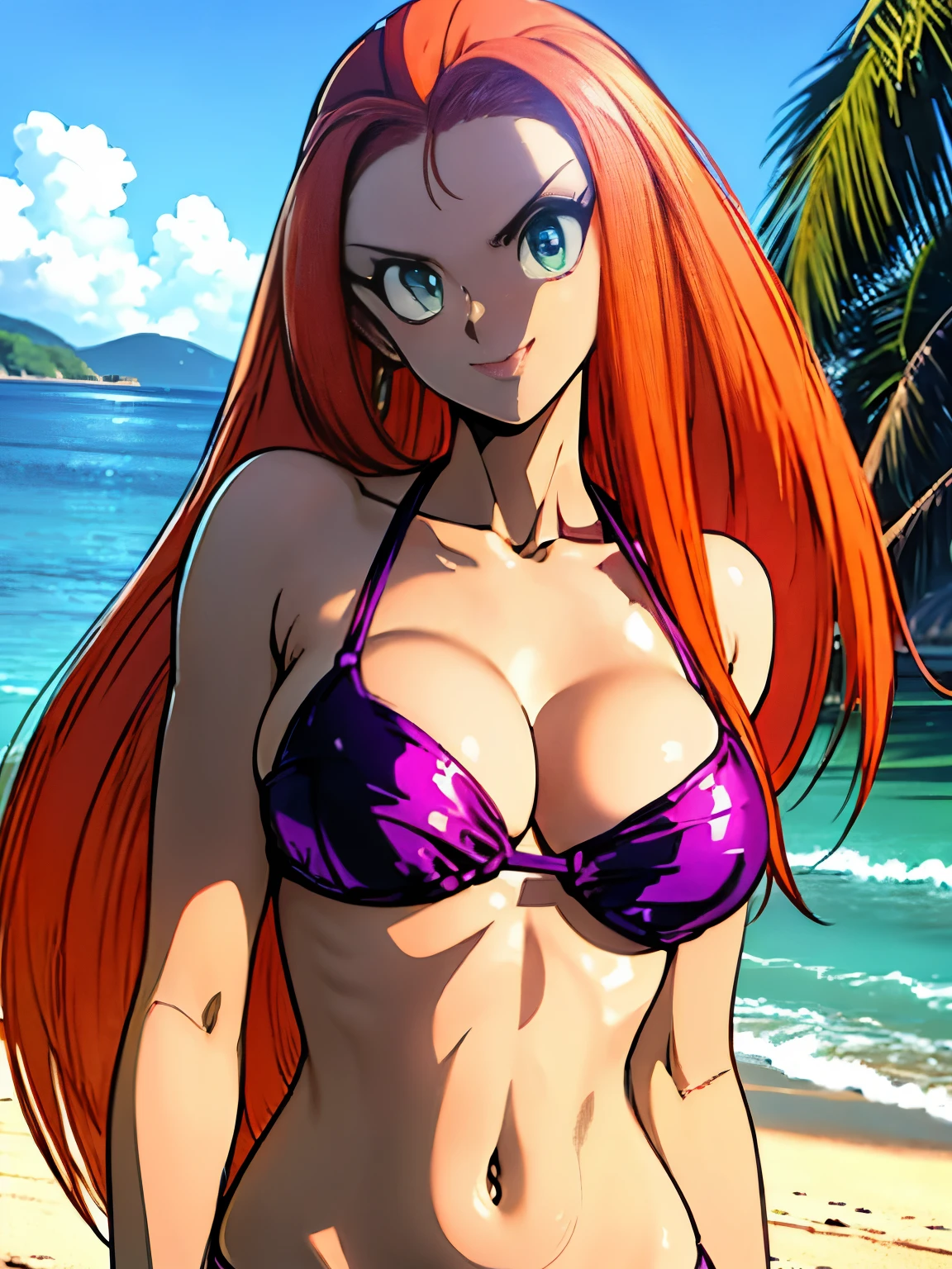 ((masterpiece)), ((best quality)), ultra detailed, detailed background, orange hair, extreme large breast, long hair, beach background, view from top, sexy thin small purple bikini, highest details, sexy, focus, Alluring, ((POV)), (((breasts focus))), enjoying the moment, happy, sexy smile, green eyes, 