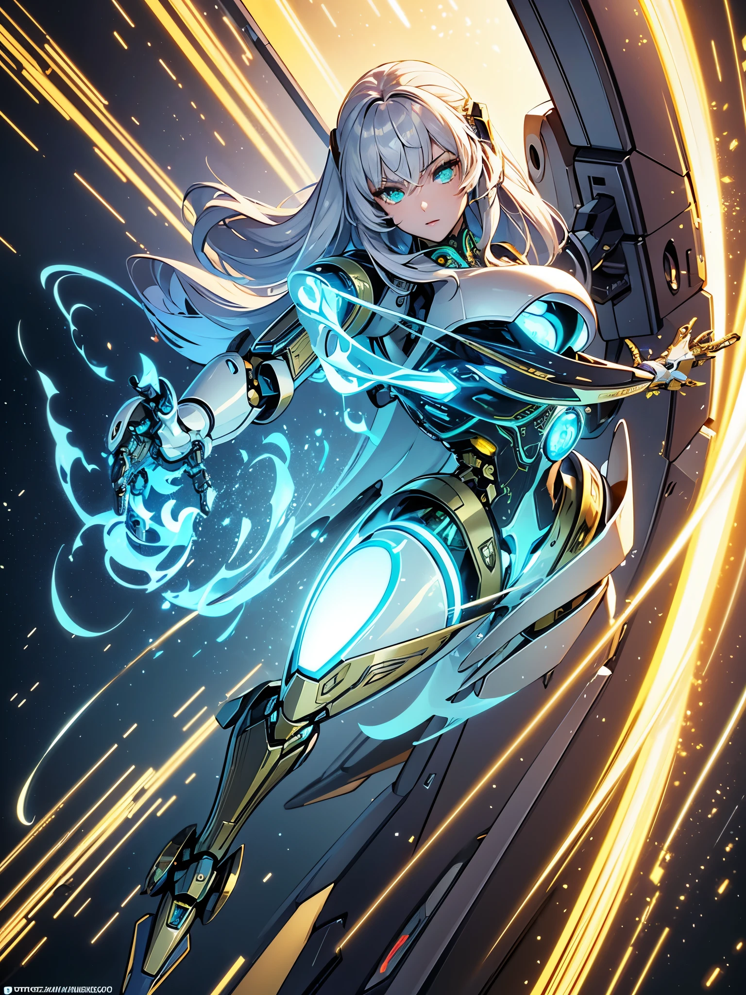 ((highest quality)),(ultra high resolution),(Super detailed),(detailed description),((best CG)),(best work of art),super precision art,great drawing art,(Sci-fi art with precise details:1.5), (One female robot:1.6),(beautiful and well-shaped face:1.5),((A complex mechanical body with intricate details:1.5)),(Luminous body embedded in the body:1.7), action scene:1.5,(dynamic pose:1.8),robots surrounding her:1.4