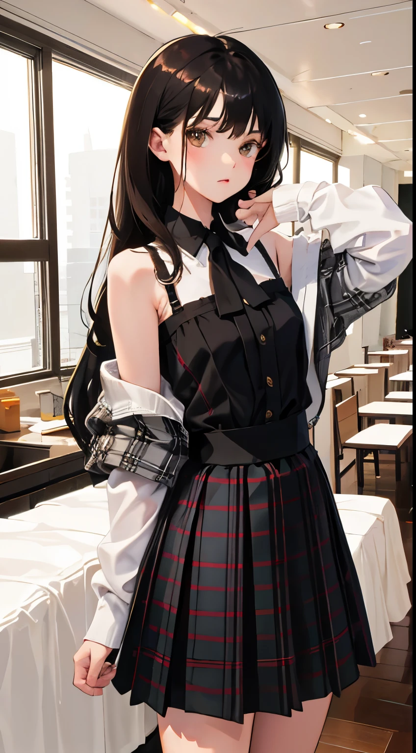 (short cute girl,small young student,young delicate girl),(masterpiece,Top quality),long black hair,Plaid brown skirt