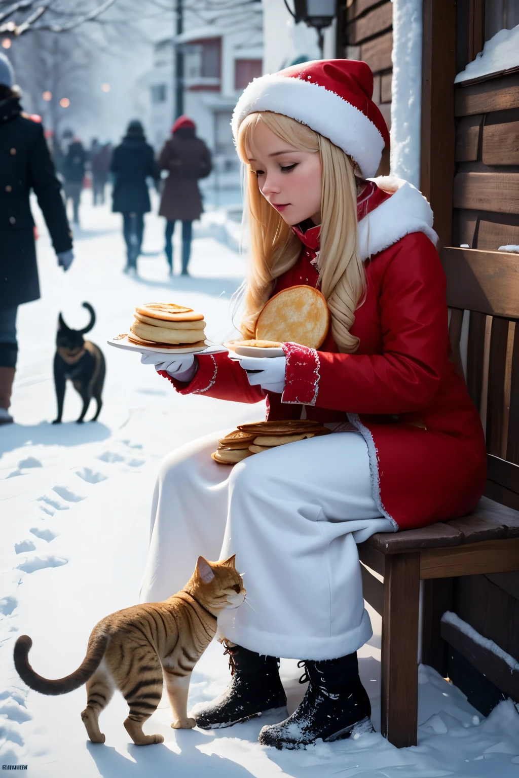 A blonde girl in a Russian national costume and a kokoshnik feeds a cat with pancakes, to the streets, winter, snow, 4k, ultra quality