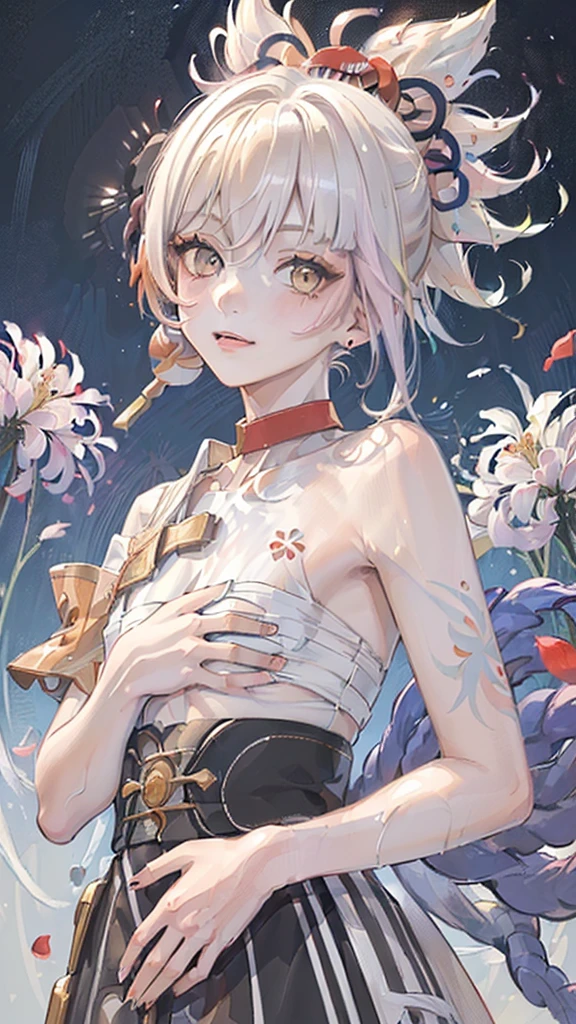 （Pink fashion T-shirt：1.9），(Colorful hair: 1.8), (All colors of the rainbow: 1.8),(((((vertical paintinging：1.6))), （paintinging：1.6），front, 漫painting, illustrations, paintingings, big eyes, crystal clear eyes,（ rainbow color gradient high ponytail：1.7）, Exquisite makeup, Keep your mouth shut,(Little fresh: 1.5),(rub chest: 1.6) ，long eyelashes, white off-the-shoulder T-shirt, white shoulder shirt，looking at the audience, 水汪汪的big eyes, (rainbow colored hair：1.6), 色彩飞splash, （alone：1.8）, 色彩飞splash, Color explosion, thick painting style, Messy lines, ((shining))，(rich and colorful), (rich and colorful), (rich and colorful), rich and colorful, Thick painting Style, (splash) (Color splash), Vertical paintinging, Upper body, painting splash, acrylic paint, slope, painting, Highest image quality, best quality, masterpiece, alone, depth of field, Face painting, rich and colorful clothes, (elegant: 1.2), Gorgeous,long hair, wind, (elegant: 1.3), (petal: 1.4)，(((masterpiece))),(((best quality))),((Super detailed)),(illustration),(dynamic angle),((floating)),(painting),((disheveled hair)),(alone),(1 girl) , (((Detailed Anima face))),((Beautiful and delicate face)),collar,bare shoulders,white hair, ((rich and colorful hair)),((striped hair)),Beautiful and delicate eyes,(slope color eyes),(((rich and colorful eyes))),(((rich and colorful background))),(((high saturation))),(((surrounded by rich and colorful splashes))),
