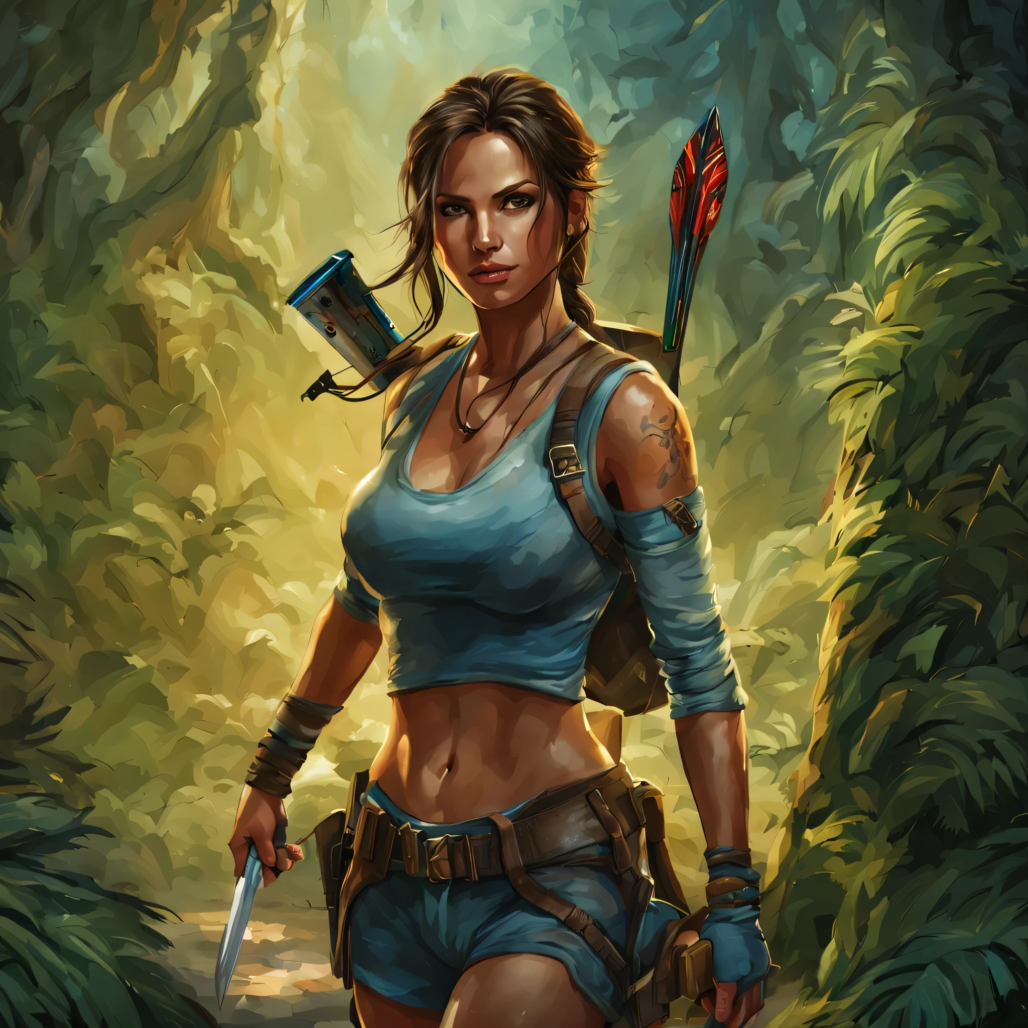 masterpiece, Lara Croft Tomb Raider, blue mom, torn, sexual, big breasts, Big butts, sexual look, Beautiful face, Goddess of Sensuality, perfect body, Solid & perfect breasts, Angelic beauty, Body with curves, The pose is sensual, whole body, Landscapes and enchanted forest, hyperrealistic, Bright and rich colors, 1 girl, One, One girl