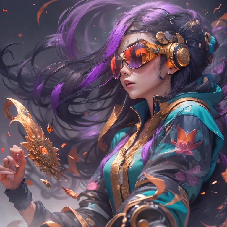 2099 cyberpunk year（masterpiece，HD，超HD，32k lotus root starch）Bright purple flowing hair，autumn pond， lotus root starch color， Asian （Michiko）， （silk scarf）， fighting stance， looking at the ground， Orange gradient long hair， ((Thick frame reflective jade windproof goggles))Floating bright purple， Fire cloud gold headdress， Chinese long-sleeved gold silk garment， （Abstract ink splash：1.2），mars background，lotus（realistically：1.4），bright purple hair，Smoke on the road，The background is very ivory、pure， high resolution， Detailed wind protection goggles， RAW photos lotus root starch， Sharp Re， Nikon D850 film photo by Jefferies Lee 4 Kodak Portra 400 camera F1.6 guns, rich and colorful, Super real、Vivid textures, dramatic lighting, Unreal Engine Art Station Trend, Silicon Nest 800，