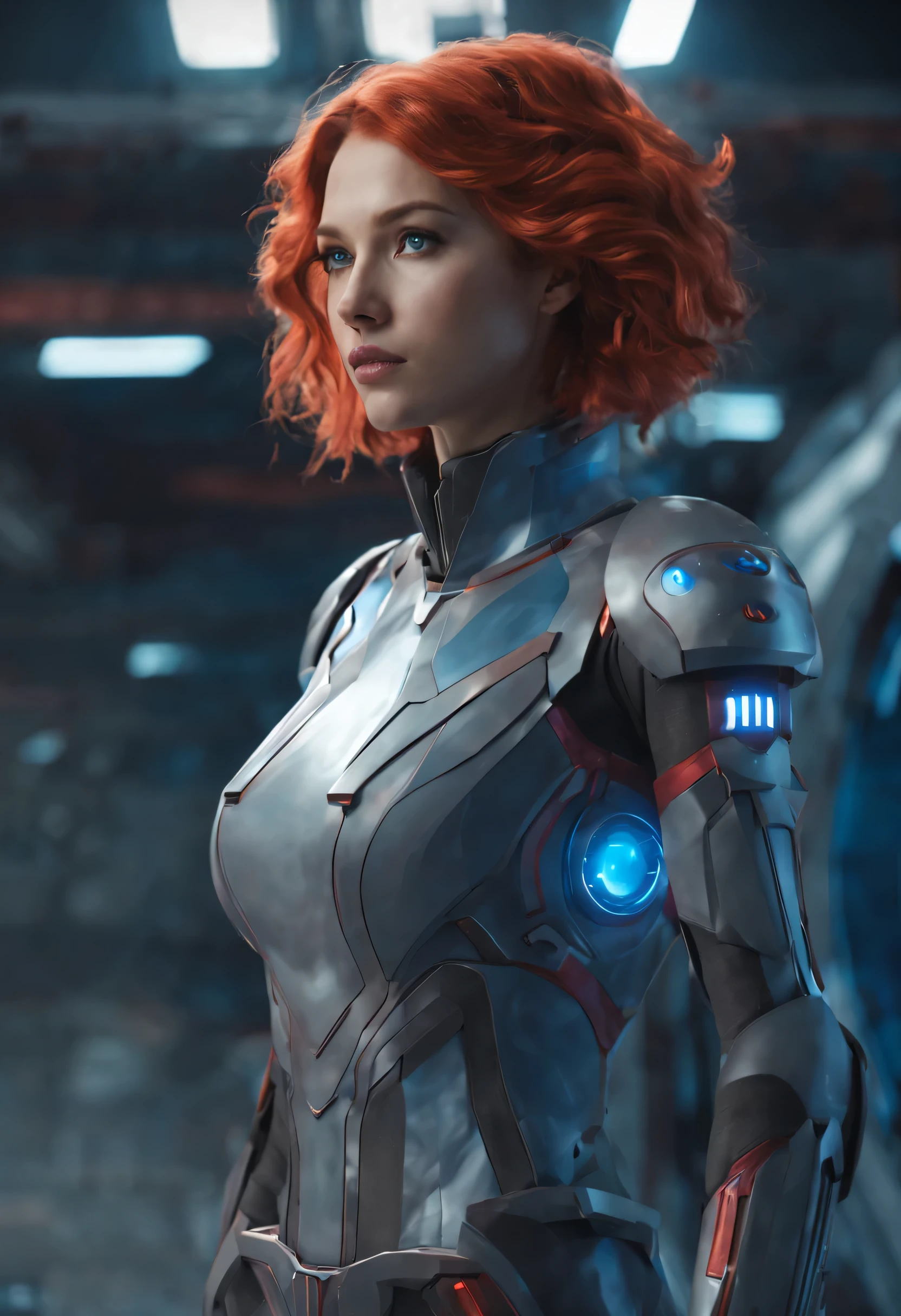 Elísia, standing, vestindo um uniforme futurista de nave espacial cinza com detalhes azuis, e botas rasas, standing a uma altura graciosa de 5 pés e 7 polegadas, her red hair falls in soft waves down to her shoulders, adding a distinctly human aura to the appearance. Os olhos dele, um roxo suave, emanar uma luz sutil, revealing a mixture of emotion and intellect. 8k, ultra realista