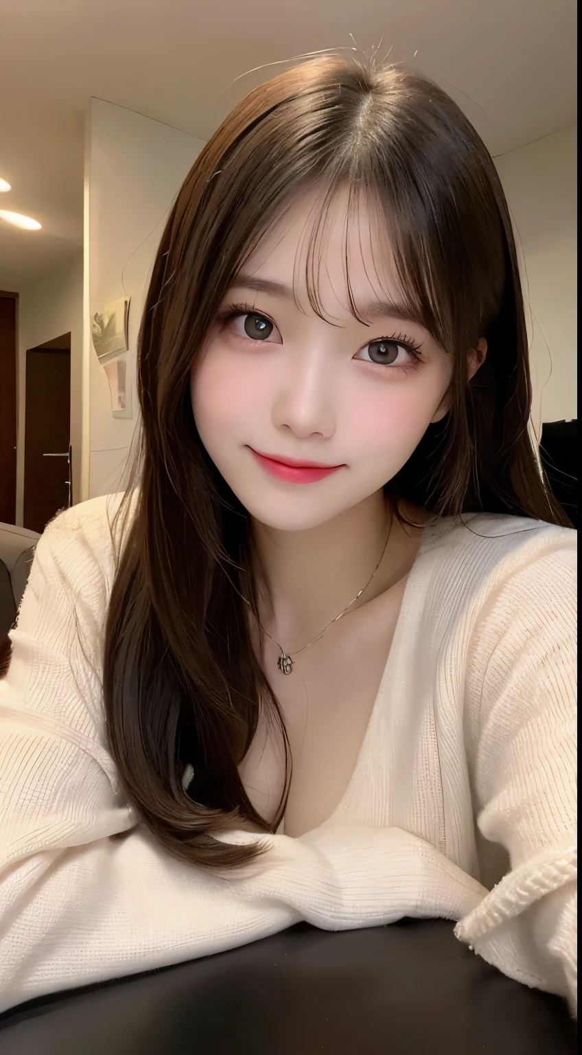 table top, highest quality, shape, Super detailed, finely, High resolution, 8k wallpaper, 完璧なダイナミックな構shape, beautiful and detailed eyes, Latest trend fashion Tokyo winter wear,medium hair, small breasts, natural color lip,smile,20 year old girl、midnight、beautiful and detailed face、perfect and beautiful face、slim face and style,spread your arms wide,Big eyes,Take a photo from below the knees at a face angle、small face、beautiful detailed face、perfect and beautiful double eyelids,Living room of luxury apartment,blur background