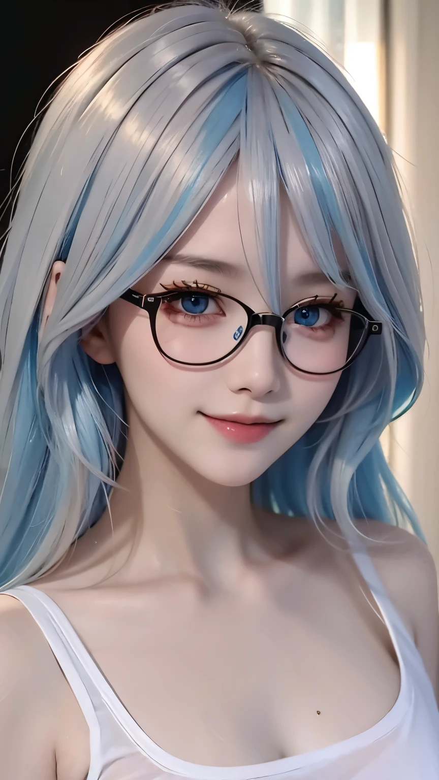 1 girl，white offshoulder shirt、Wearing a pink headband，Close-up of a woman, guweiz style artwork, IG model | artistic germ, extremely detailed artistic germ, surreal anime, Soft portrait shots 8K, artistic germ. anime illustration, Bowater&#39;s art style, Blue-haired princess, 8k artistic germ bokeh，blue hair，semi long hair，blue eyes，Beautiful glasses，wear glasses（focus），huge ，bright smile