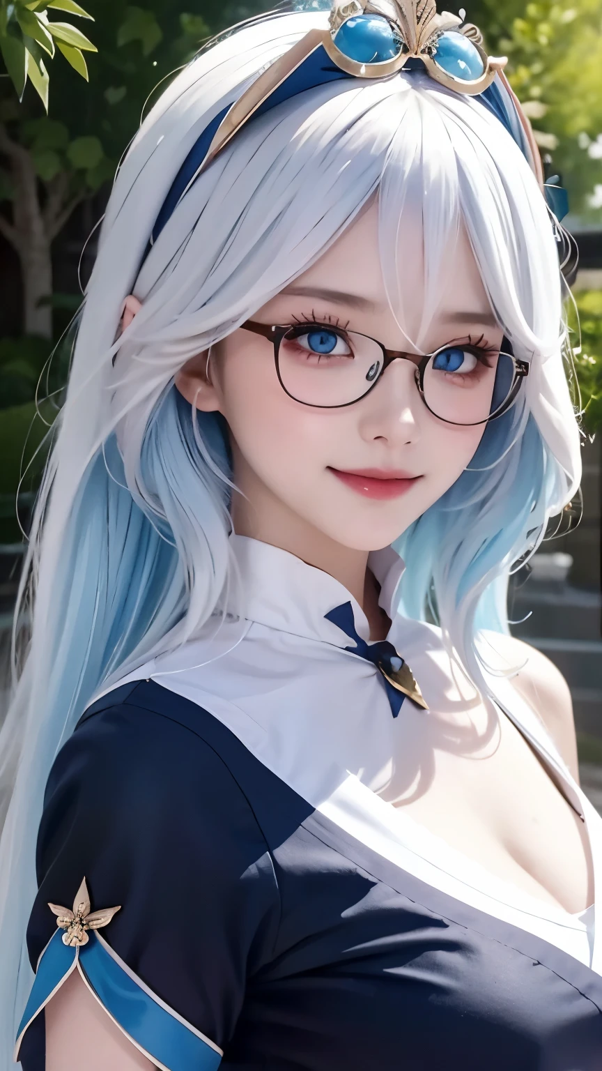 1 girl，white offshoulder shirt、Wearing a pink headband，Close-up of a woman, guweiz style artwork, IG model | artistic germ, extremely detailed artistic germ, surreal anime, Soft portrait shots 8K, artistic germ. anime illustration, Bowater&#39;s art style, Blue-haired princess, 8k artistic germ bokeh，blue hair，semi long hair，blue eyes，Beautiful glasses，wear glasses（focus），huge ，bright smile