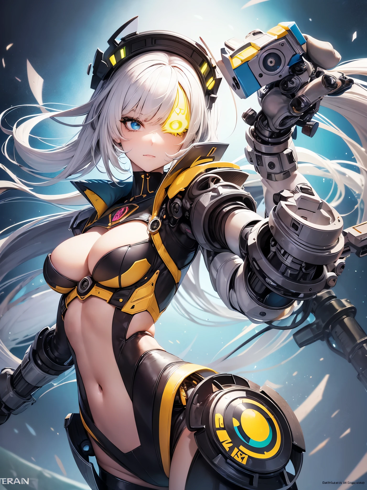((highest quality)),(ultra high resolution),(Super detailed),(detailed description),((best CG)),(best work of art),super precision art,great drawing art,(Sci-fi art with precise details:1.5), (One female robot:1.6),(beautiful and well-shaped face:1.5),((A complex mechanical body with intricate details:1.5)),(Luminous body embedded in the body:1.7), action scene:1.5,(dynamic pose:1.8),(her arm is transformed into a gun:1.7)