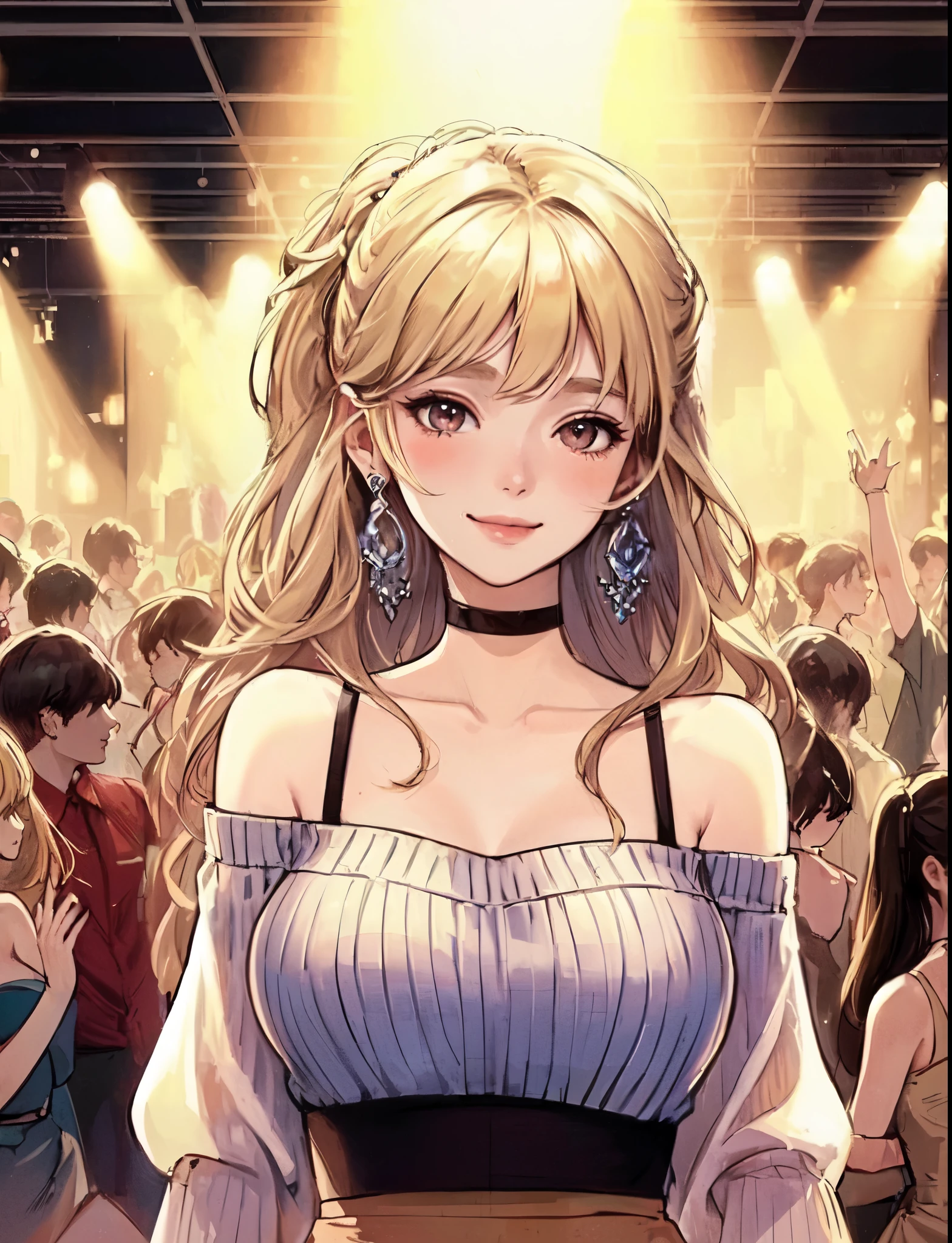 1lady standing, (stylish and chic outfit) comfortable, mature female, /(blond hair/) bangs, blush kind smile, (masterpiece best quality:1.2) delicate illustration ultra-detailed, large breasts BREAK (club dance hall:1.2) indoors, young people, crowded