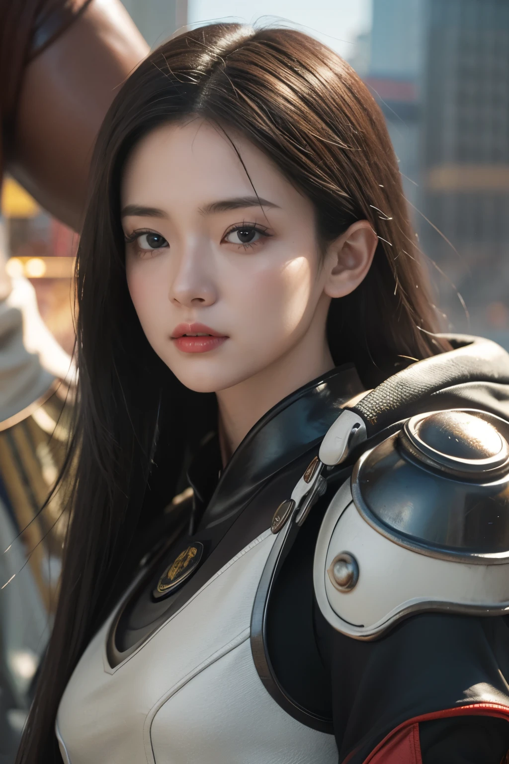 Game art，The best picture quality，Highest resolution，8K，(A bust photograph)，(Portrait)，(Head close-up:1.5)，(Rule of thirds)，Unreal Engine 5 rendering works， (The Girl of the Future)，(Female Warrior)， 
20岁少女，An eye rich in detail，(Big breasts)，优雅高贵，冷漠，勇敢的，
（A futuristic combat suit with medieval style，A beautifully patterned badge，Joint Armor，Extremely rich detail of armor，Mysterious light），Sci-fi characters，Warrior，

拍照姿势，简单背景，Movie lights，Ray tracing，Game CG，((3D Unreal Engine))，oc渲染反射纹