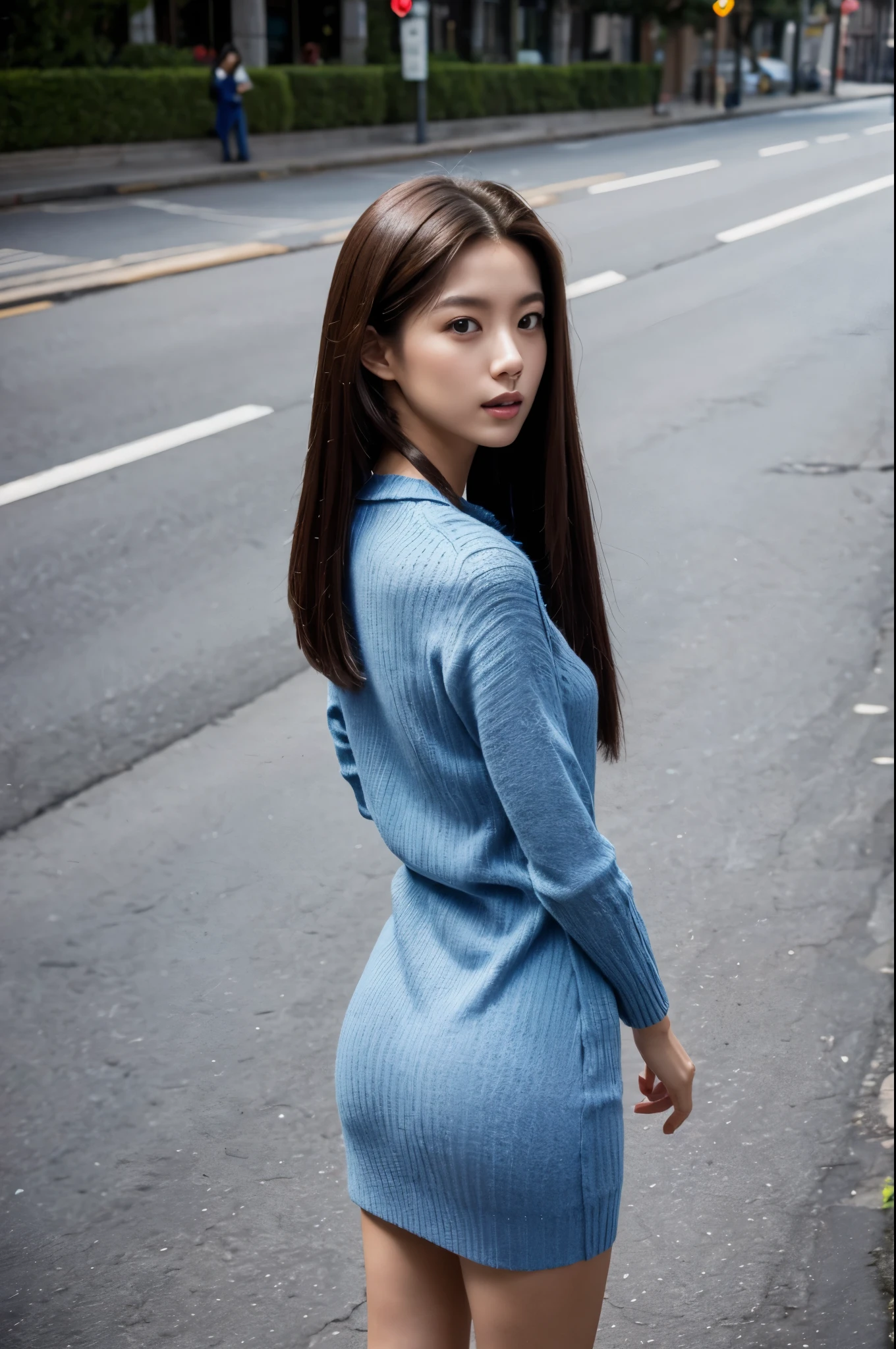 ((top-quality, in 8K, masterpiece:1.3)), Skinny Japanese woman, perfect body:1.4, Slim abs:1.2, ((Straight hair:1.2)), (short knit dress with back open design), (a street:1.2), wetbody:1.5, Three-dimensional texture, A detailed eye, Brown hair, very thin waist, posterior view, looking back to the viewers