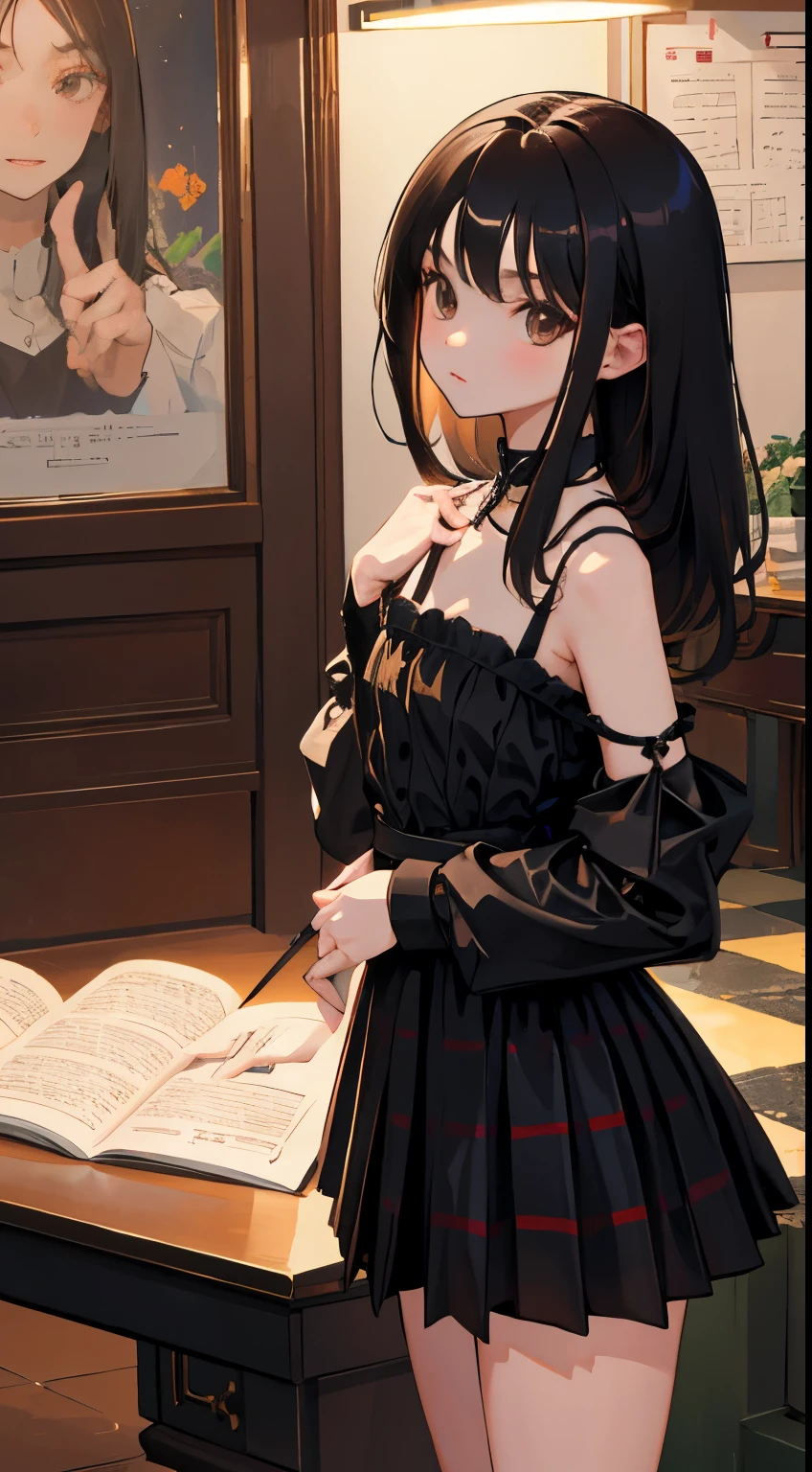 (short cute girl, young studeg delicate girl),(masterpiece,Top quality),long black hair,Checkered light brown skirt