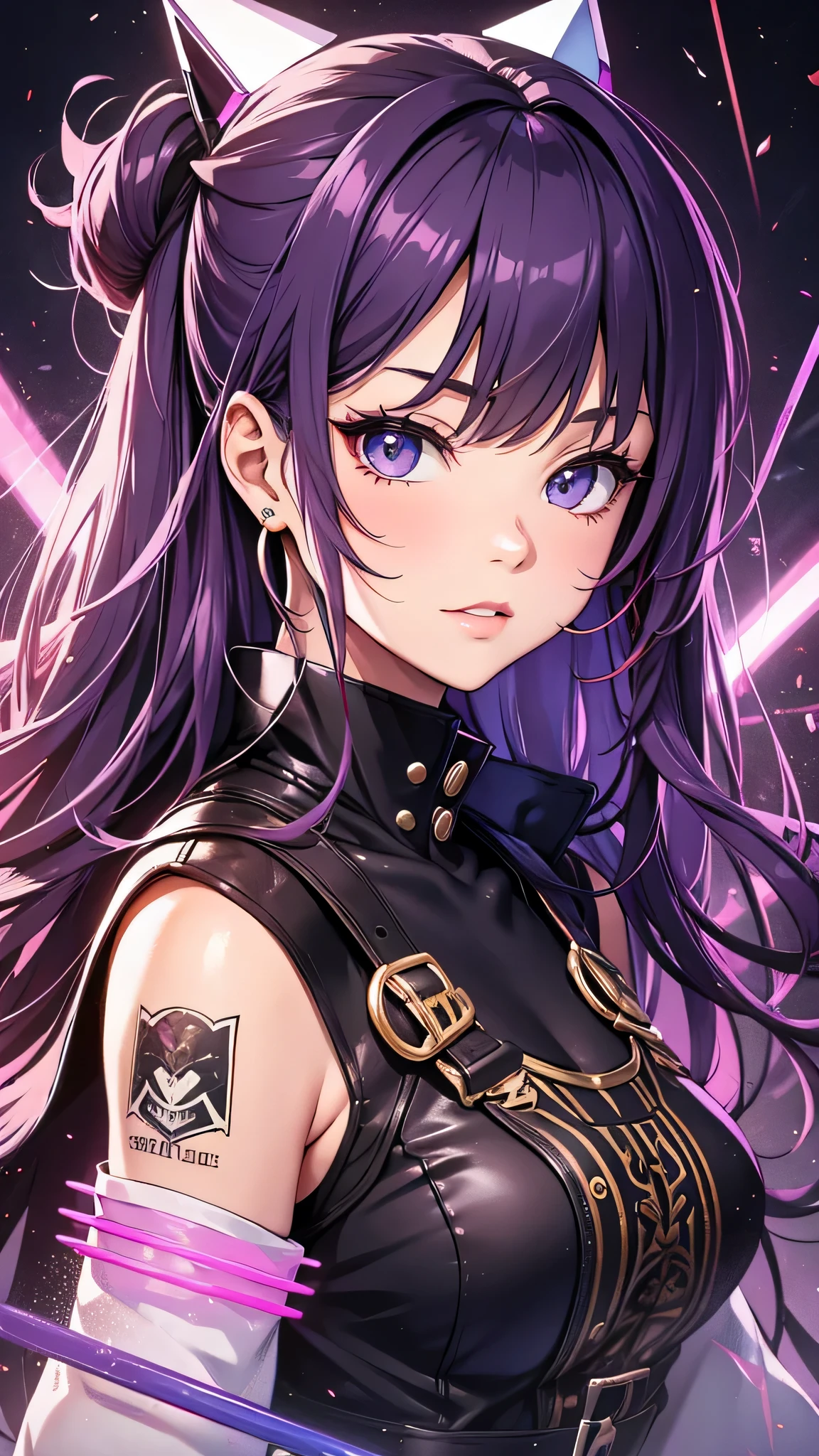 最high quality、best image quality、masterpiece、teenage girl((18-year-old、 By becoming、vest bust、medium bust,wide open breast tea、black eye, purple and red hair、Habitual hair、thin,highest valley、Have a smartphone、smug face、peace sign、paint marks、punk fashion)),high quality、beautiful art、background((Large PV studio、Red laser))debris flies、Depth of written boundary、movie、visual art、perfect art、8K,genuine