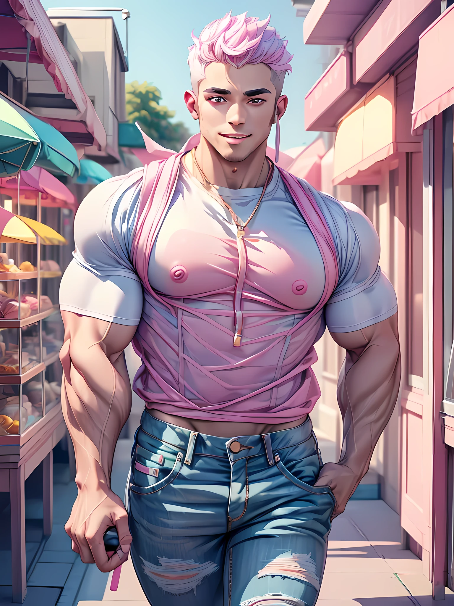 (((intricate design))) (((Top quality))) (((16K))) (((High Definition))) 16K splash art, high res, ultra sharp, ((masterpiece)), best quality, expressive eyes, perfect face, Super eyes, perfectly detailed anatomy, large pecs, (((Volumetric lighting))) (((cinematic light))) (((1male))) (((muscular))) (((Bodybuilder))) big body, cute man, cat ear headphones, face scar, gay, homosexual, cute pastel crop top, pastel shorty short ripped jeans, sneakers, lolly pop in this mouth, rainbow, pastel aesthetic, walking into a ice cream shop, transparent bag, face freckles, doing the peace sign, smiling, happy,