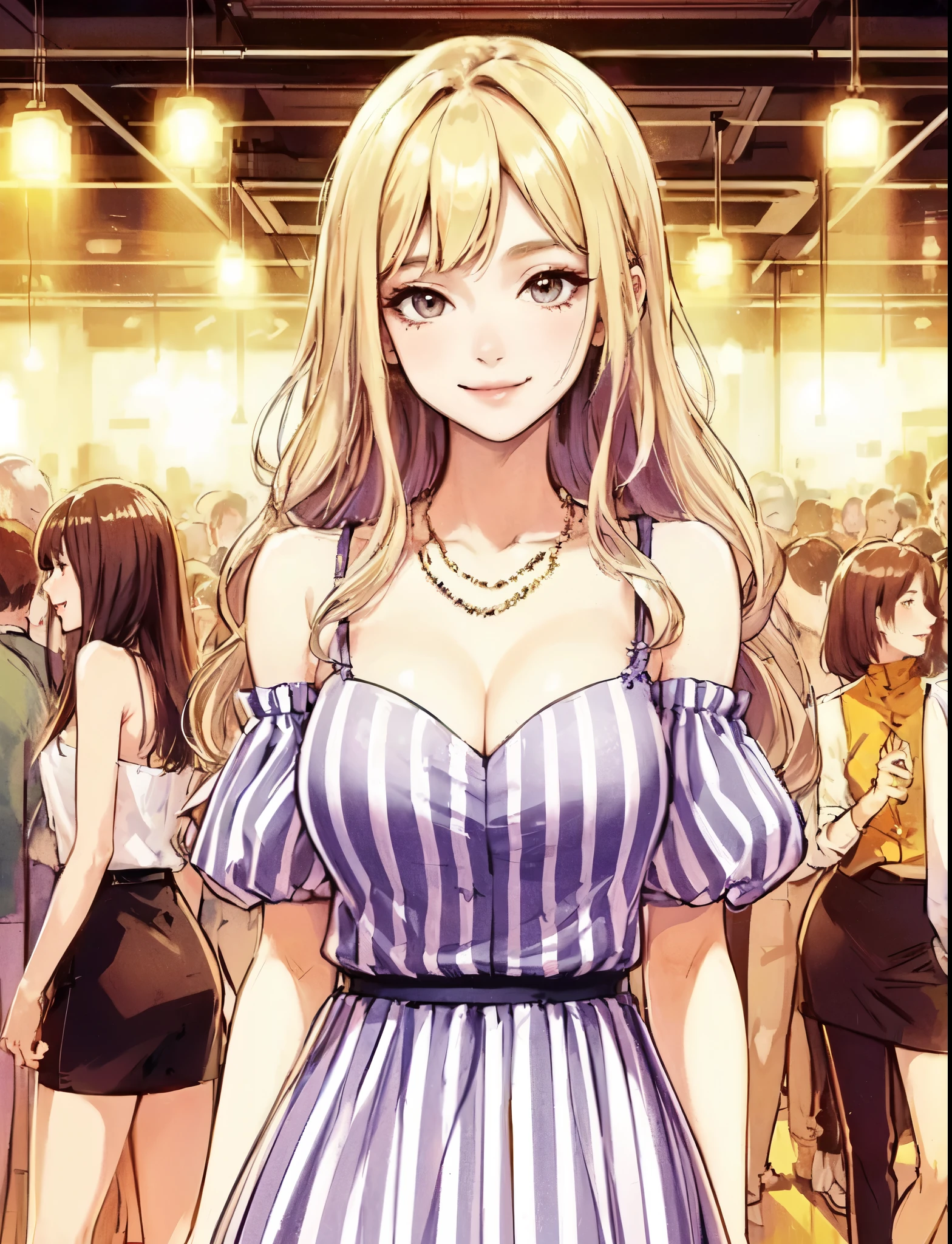 1lady standing, (stylish and chic outfit) comfortable, mature female, /(blond hair/) bangs, kind smile, (masterpiece best quality:1.2) delicate illustration ultra-detailed, large breasts BREAK (club dance hall:1.2) indoors, young people, crowded