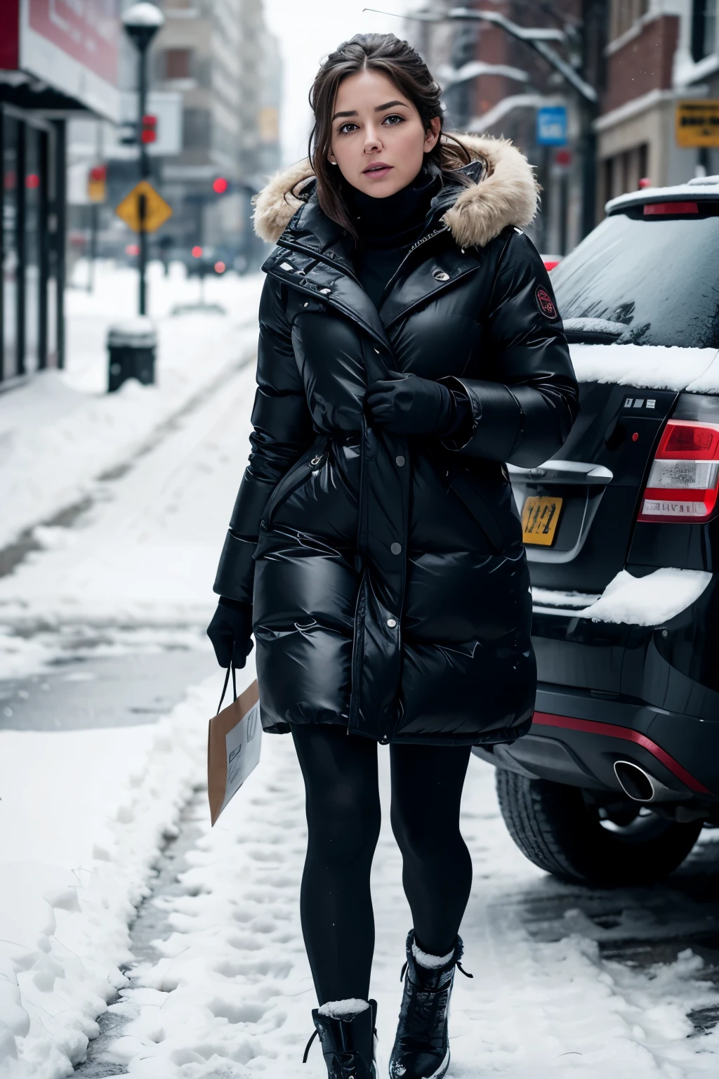 An icy wind swept through the air, nipping at Sandra's exposed skin as she trudged determinedly toward the supermarket. Her breath came in short, sharp gasps, clouds of frosty air escaping her lips with each exhale. The bitter cold seemed to penetrate deep into her very core, leaving her shivering despite the thick coat she wore. "Fuck fuck fuck," she muttered under her breath, cursing the relentless wind as she strained to see the distantmarket through the driving snow. The market still appeared to be a considerable distance away, and Sandra's feet ached with the cold. She clenched her teeth against the chill, determined to press on despite