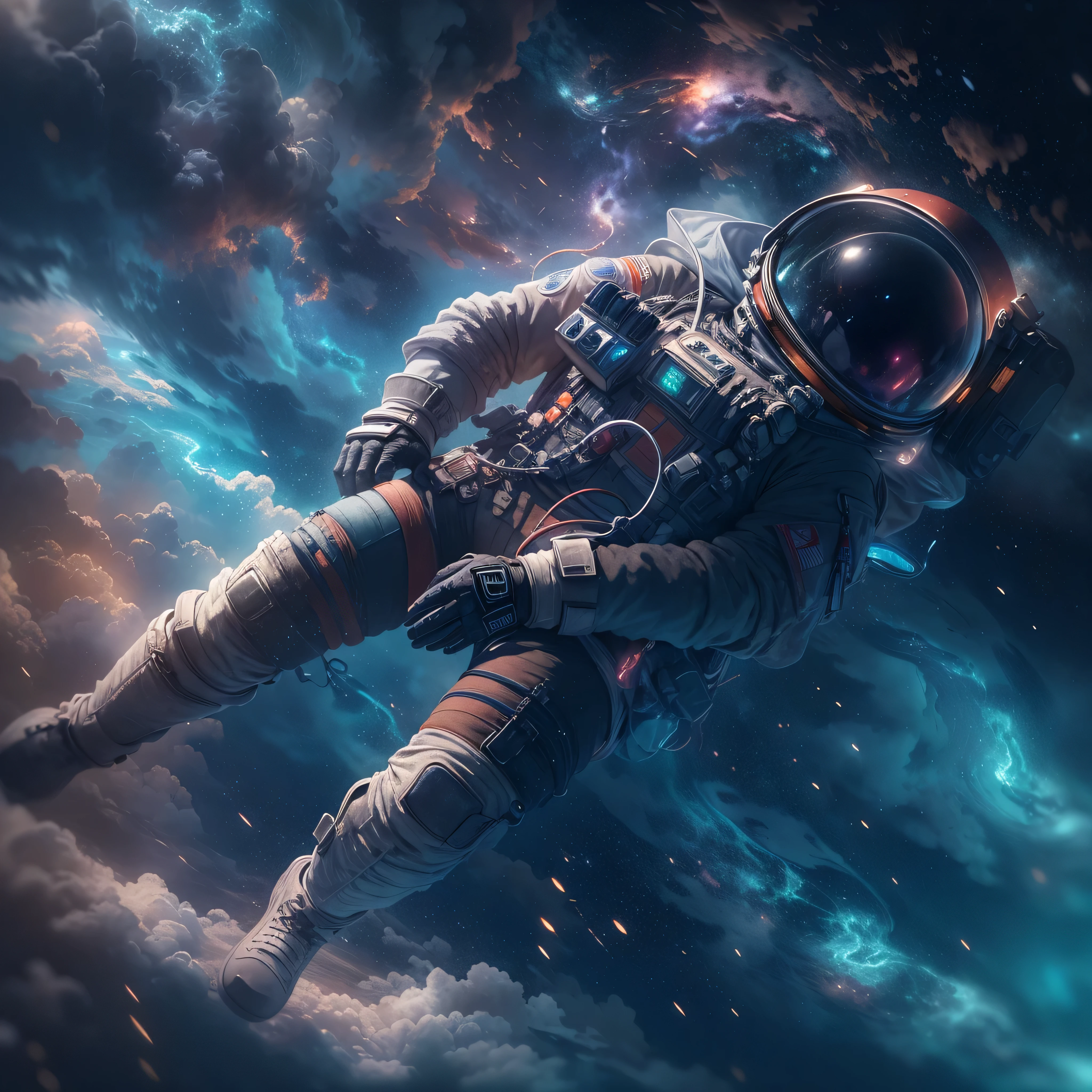 An astronaut swimming through a nebula in space + space, astronaut, dreamlike, symbolism, surrealism, symbol, surreal, abstract, texture, concept art, 8k, shadowed, lightrays, atmospheric
