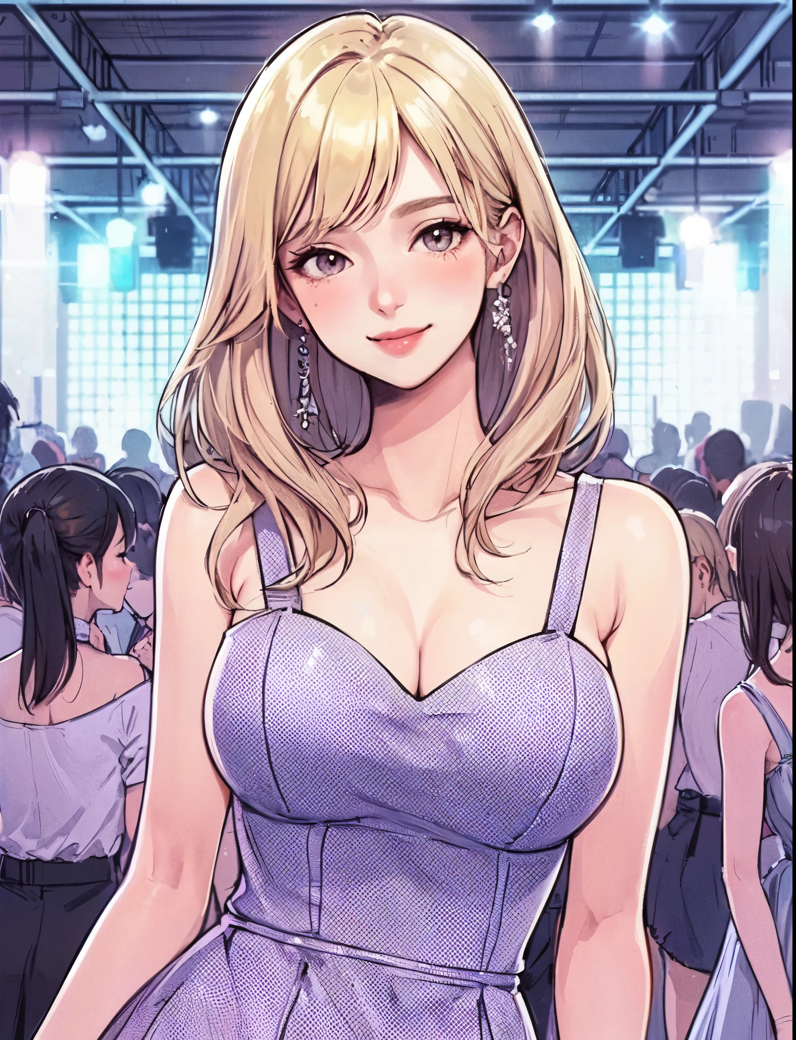 1lady standing, (stylish and chic outfit) comfortable, mature female, /(blond hair/) bangs, blush kind smile, (masterpiece best quality:1.2) delicate illustration ultra-detailed, large breasts BREAK (club dance hall:1.2) indoors, young people, crowded