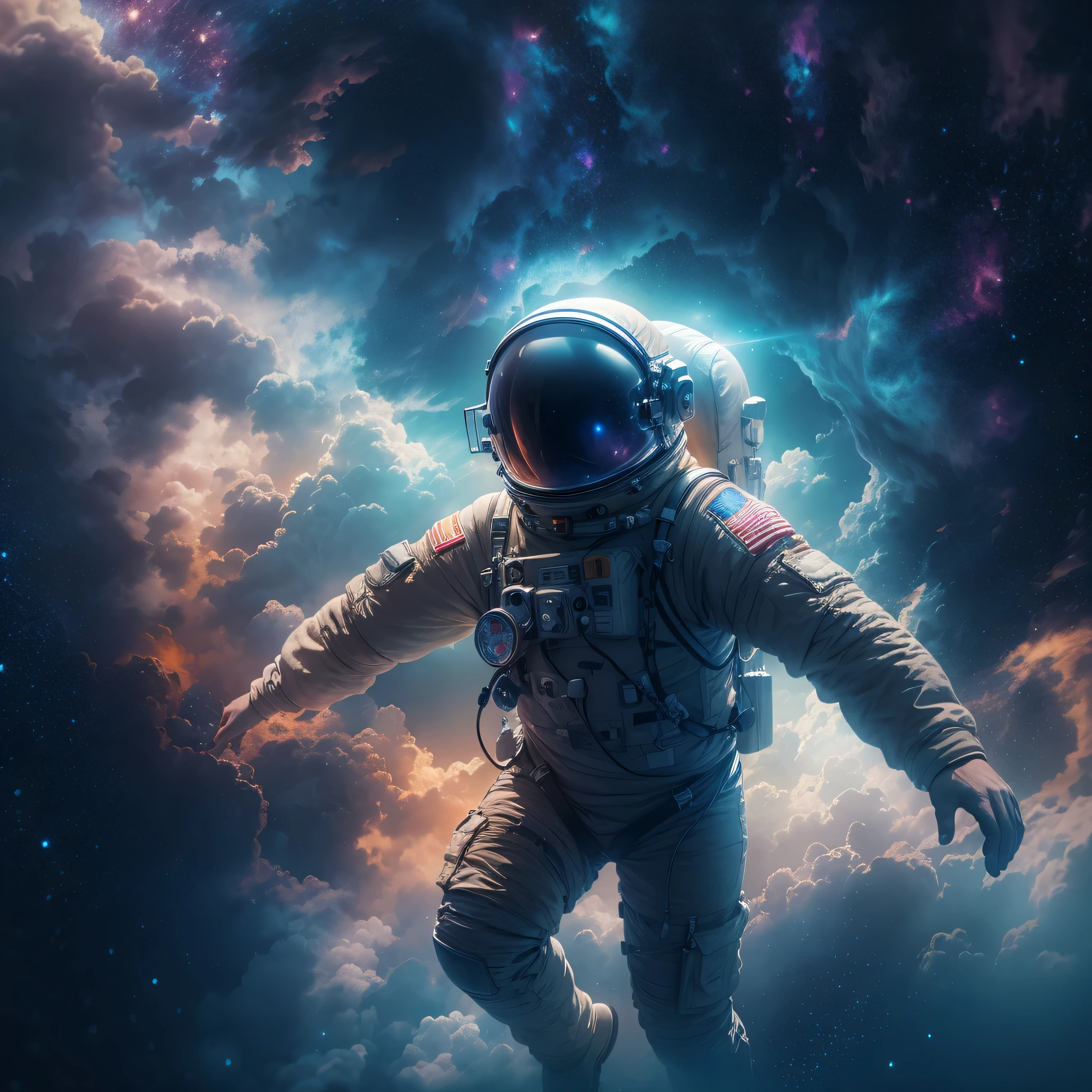 An astronaut swimming through a nebula in space + space, astronaut, dreamlike, symbolism, surrealism, symbol, surreal, abstract, texture, concept art, 8k, shadowed, lightrays, atmospheric